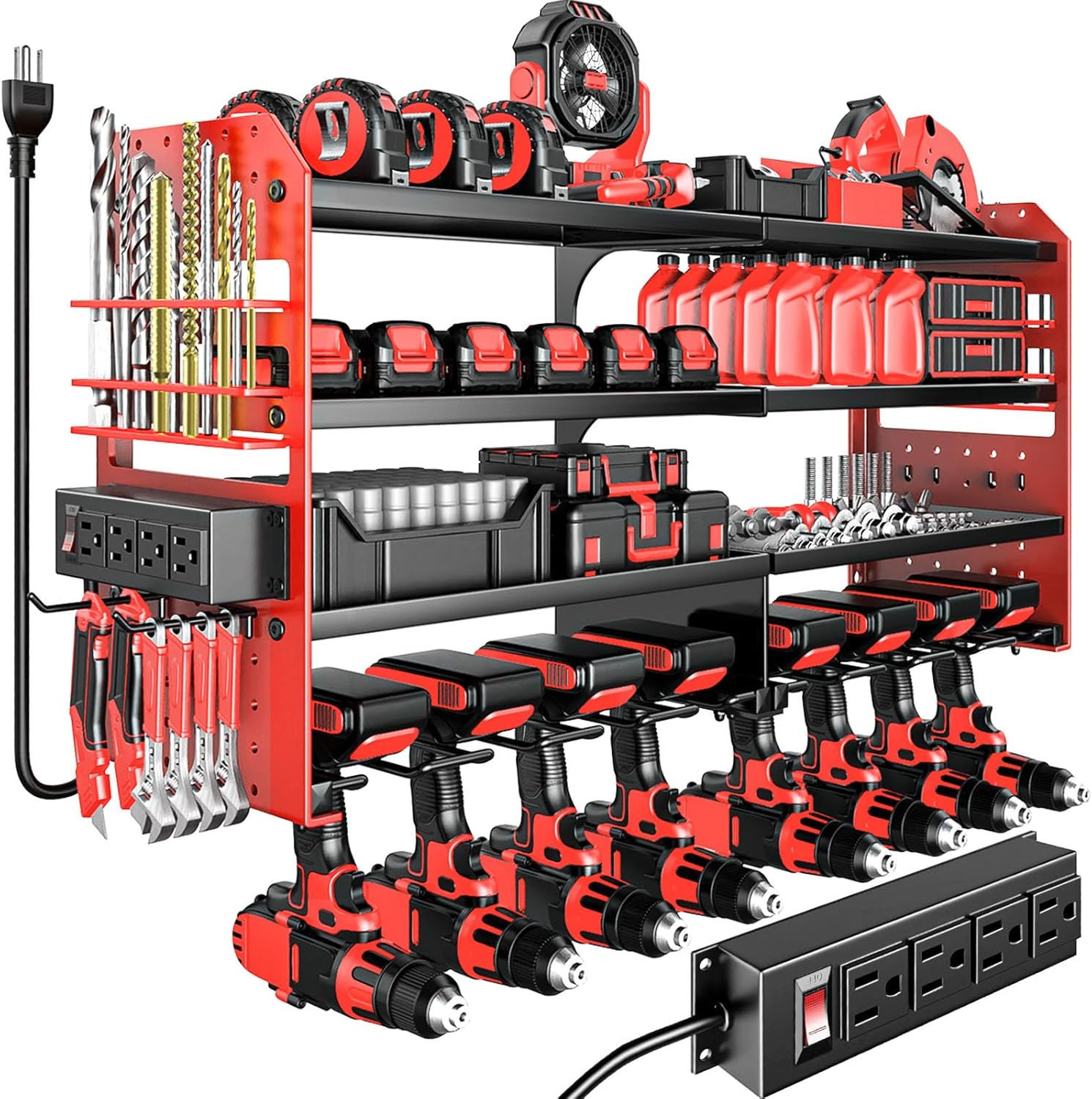 Large Power Tool Organizer Wall Mount with Charging Station, 4 Layer Heavy Duty Metal Cordless Tool Organizer, Tool Storage Rack with 8 Cordless Drill Holders for Screwdrivers and Hammers (Red)