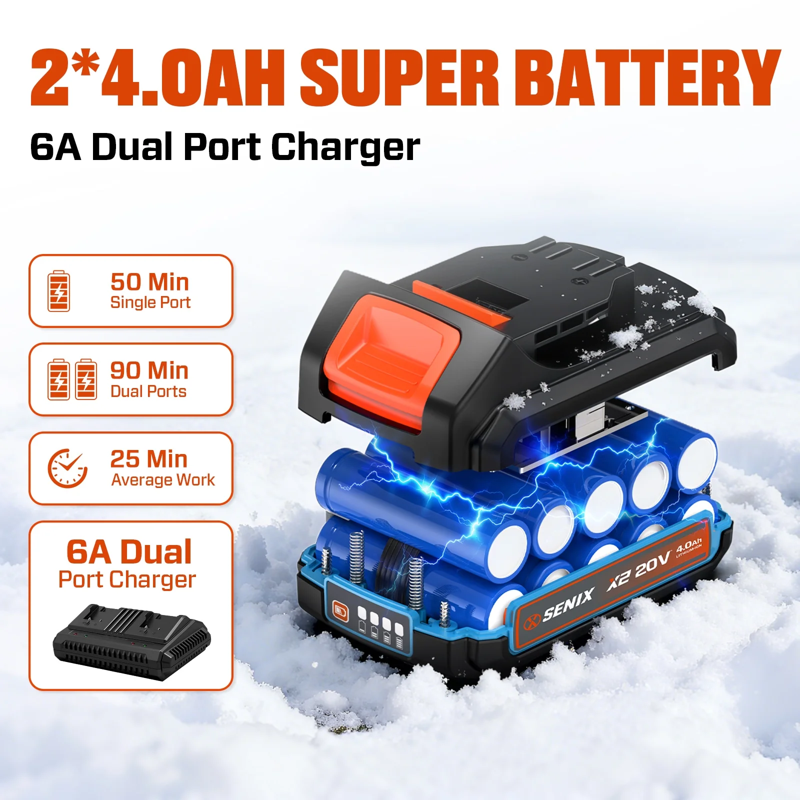 40V 13 inch Cordless Snow BlowersSnow Shovels with 2*4 0Ah Batteries 6 0Ah Dual Port Charger,6��Clearing Depth, 22ft Throw Distance, 2 Speed Mode(13") Image 5