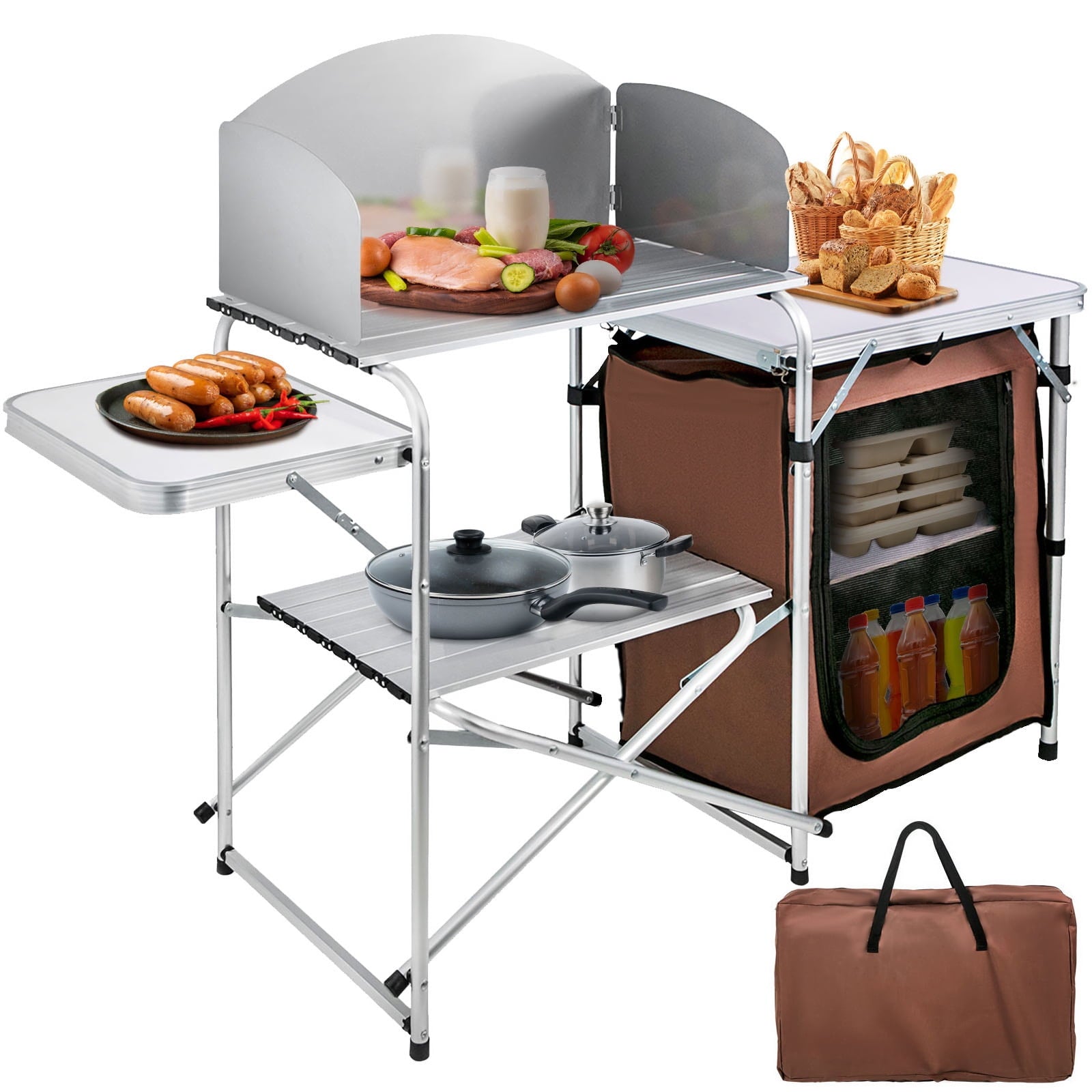 Camping Kitchen Station. Aluminum Portable Folding Camp Cook Table with Windshield. Storage Organizer and 4 Adjustable Feet. Quick Installation for Outdoor Picnic Beach Party Cooking. Brown