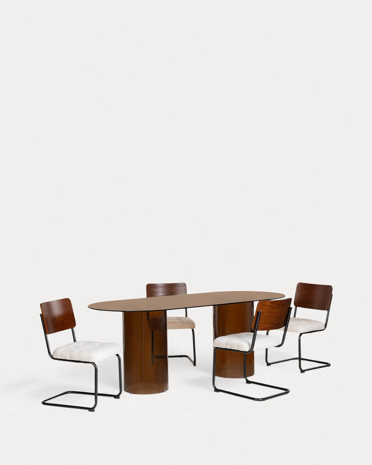 Set Kolu - Cuba - Set de Mesa de Comedor Ovalada de Cristal Templado (200x90 cm) Kolu y 4 Sillas de Madera y Tela Cuba