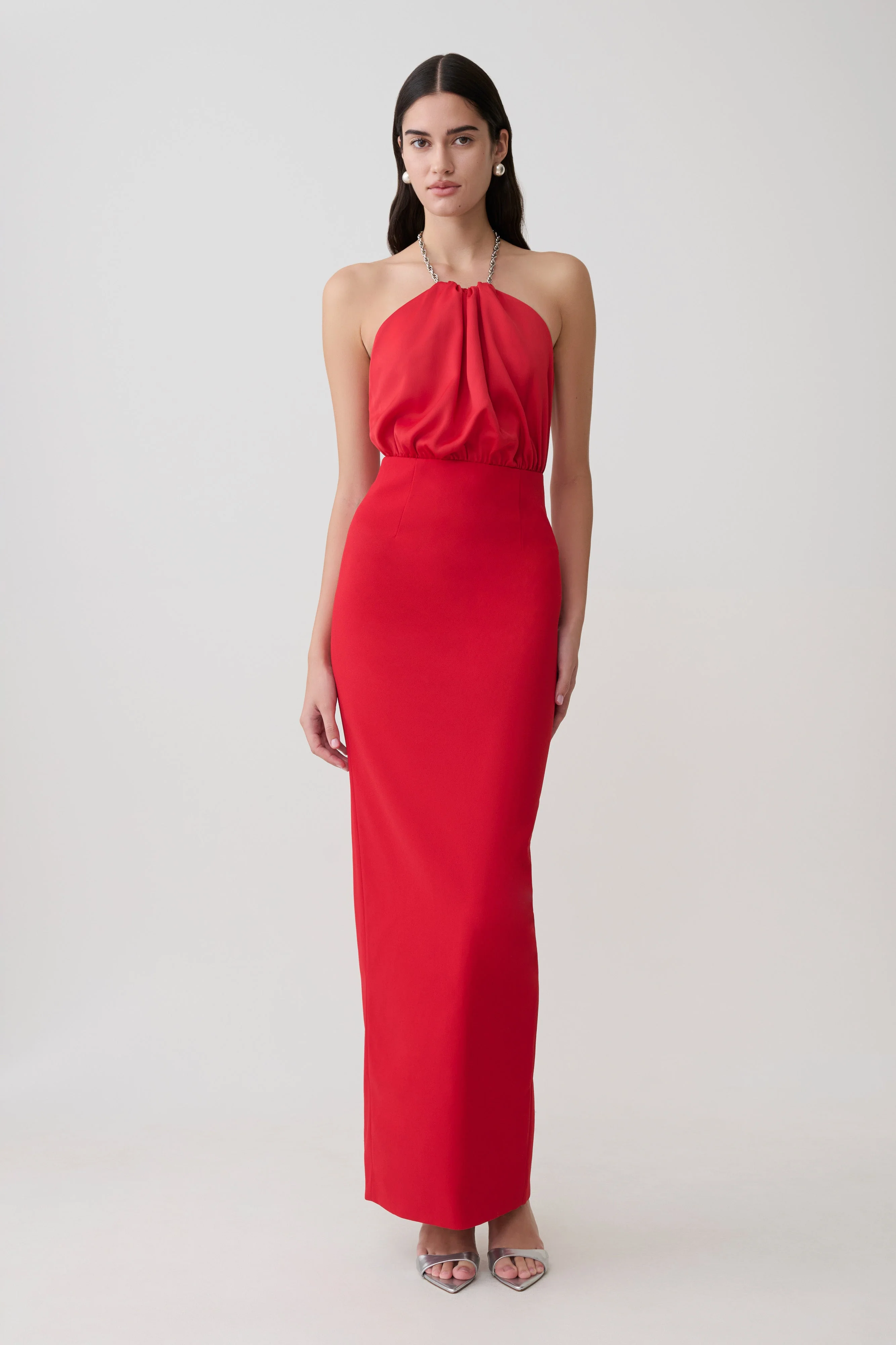 Elina Satin Necklace Maxi Dress - Red