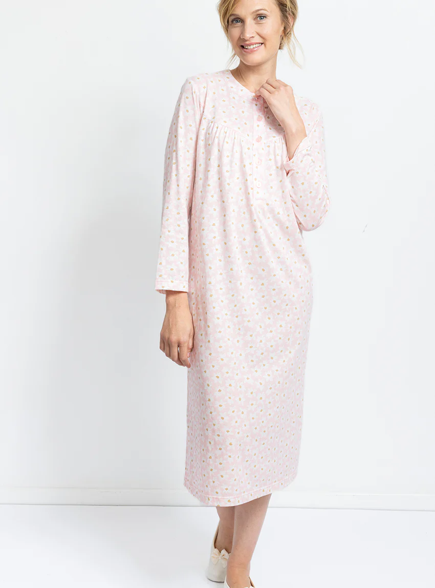 Chemise de nuit femme en coton rose fleur