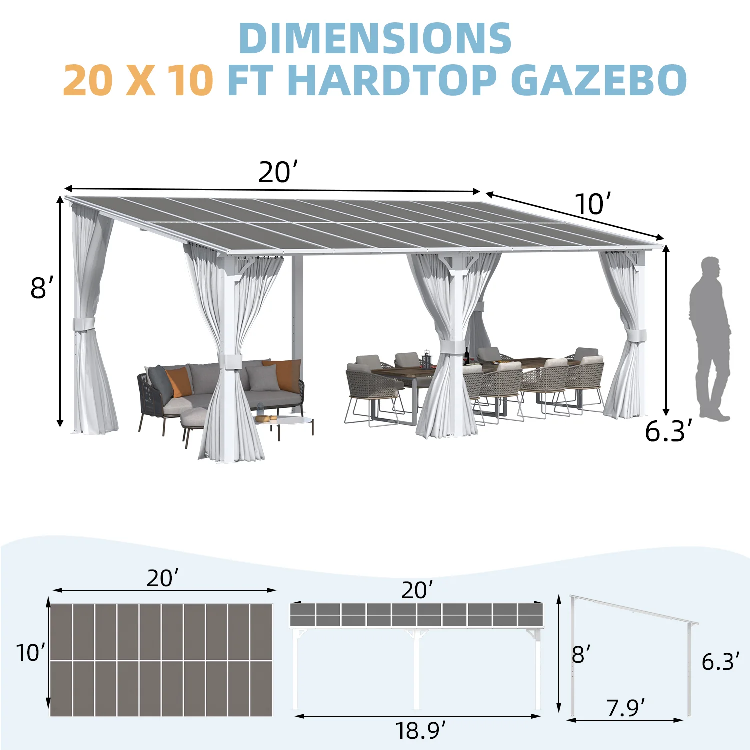 AECOJOY 20'x10' Wall Gazebo with Curtains and Mosquito Netting, White