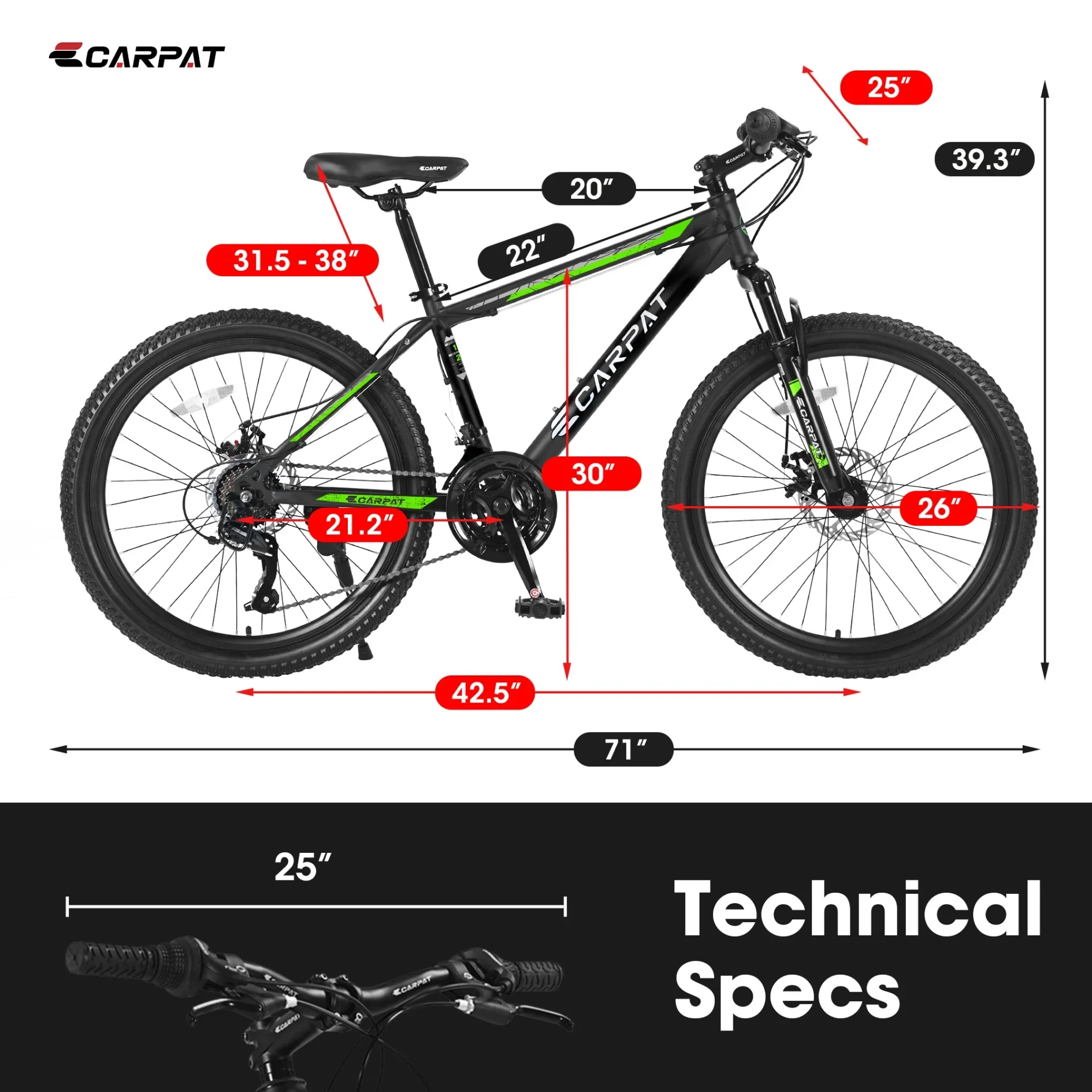 26 Inch Mountain Bike 21 Speed With Dual Disc Brakes High Carbon Steel Frame For Adults All Terrain Commuter Bicycle For Trail Beach City Snow Riding Green
