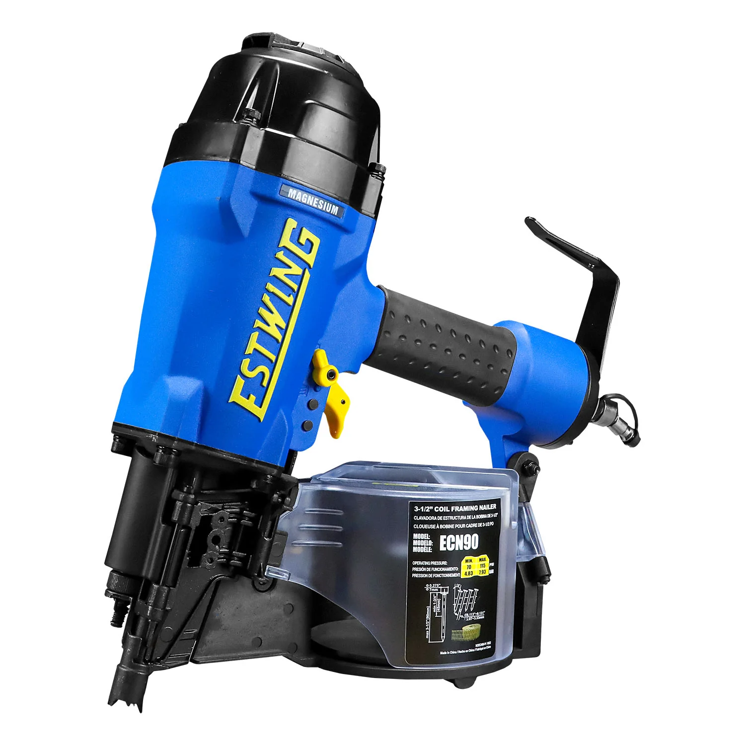 Estwing ECN90 Pneumatic 15 Degree 3-1/2 Coil Framing Nailer with 1/4 NPT Industrial Swivel Fitting and Bag