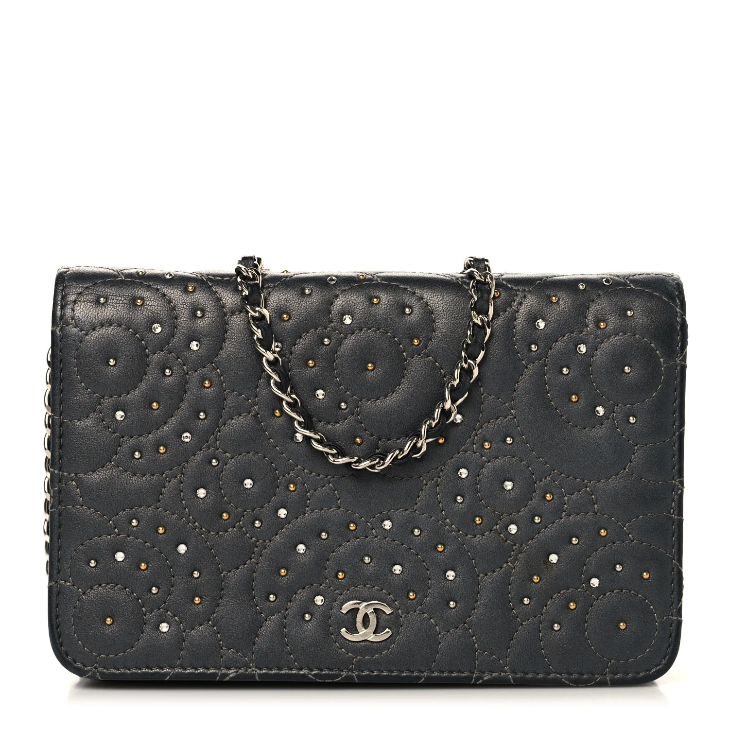 Lambskin Camellia Studded Wallet on Chain WOC Grey