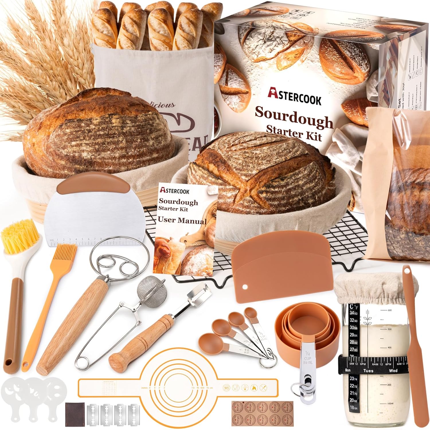 Astercook Sourdough Starter Kit with Round & Oval Banneton Bread Proofing Basket, Starter Jar, Dough Whisk, Scrapers, Stencils, Complete Sourdough Bread Baking Supplies, Father's Day Gift for Men