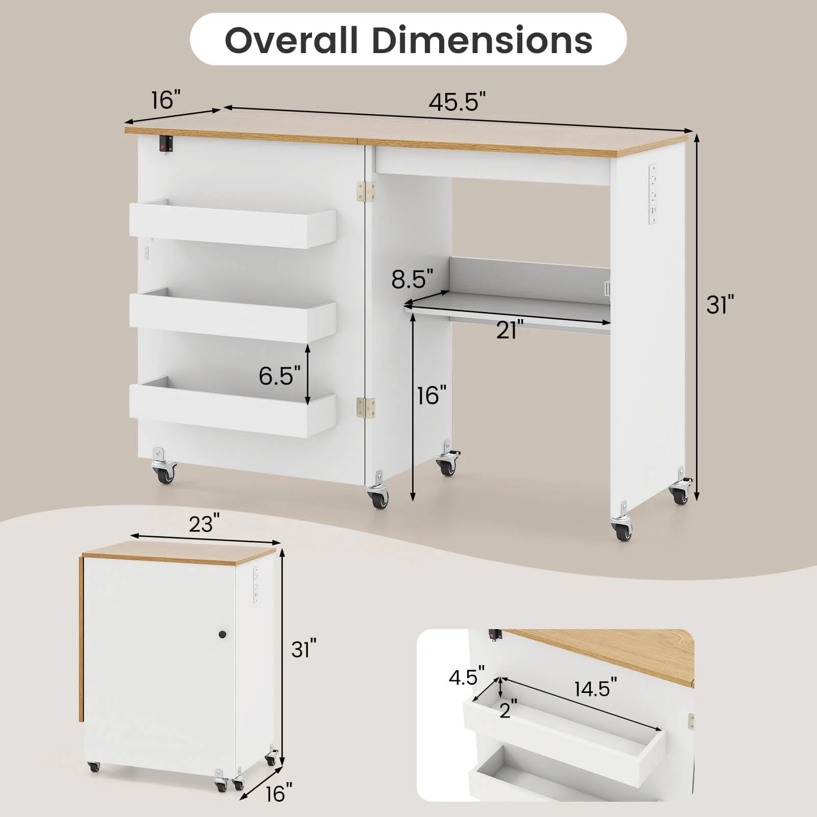 Folding Sewing Table Rolling Craft Station with 3 Storage Bins Charging Station White+natural(White+Natural) - Image 4