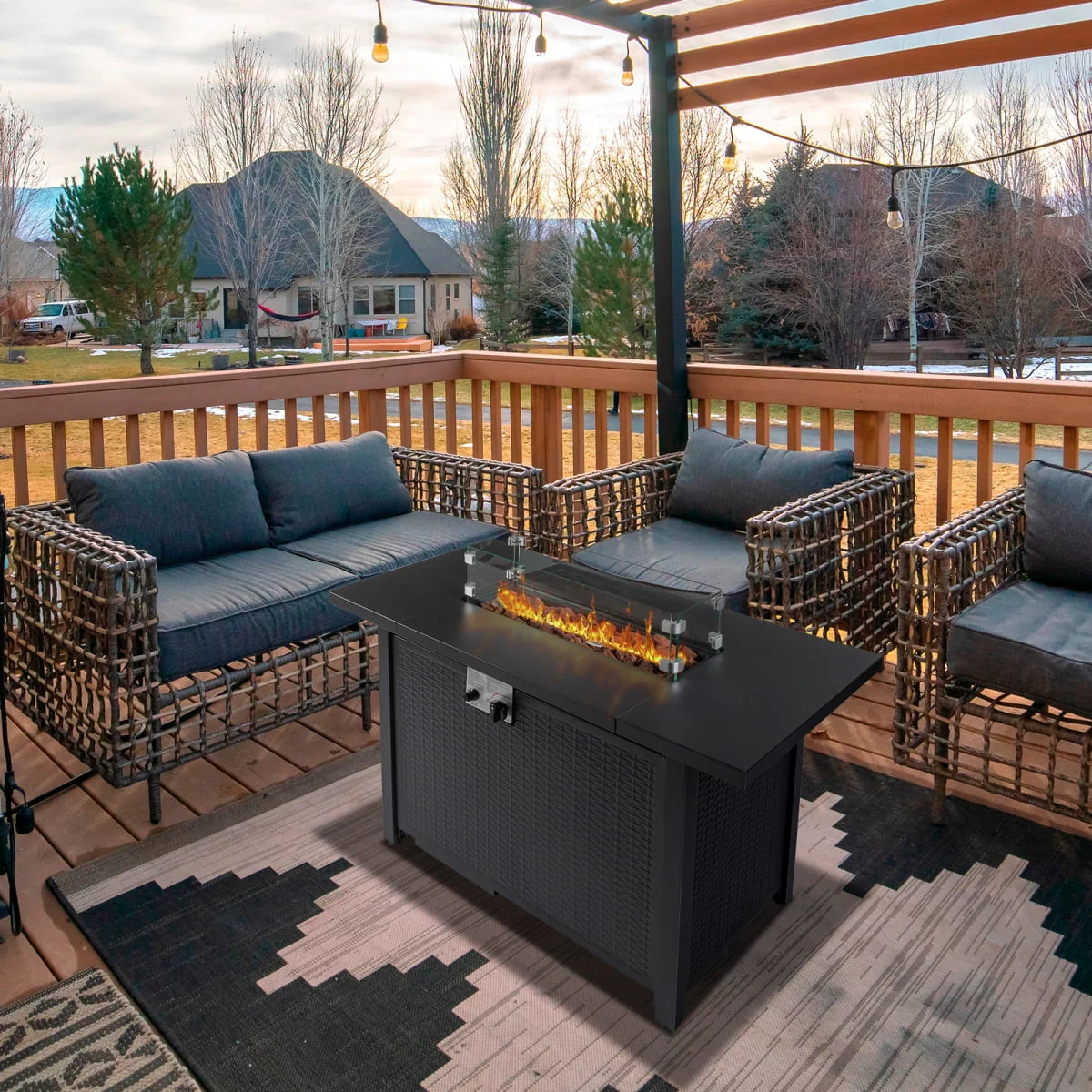 43 in Propane Fire Pit Table, 50,000 BTU Auto-Ignition Fire Pit Table, Gas Fire Pits for Outside with Glass Stone and Waterproof Cover, Grey Rattan, CSA Certification for Garden/Patio/Backyard