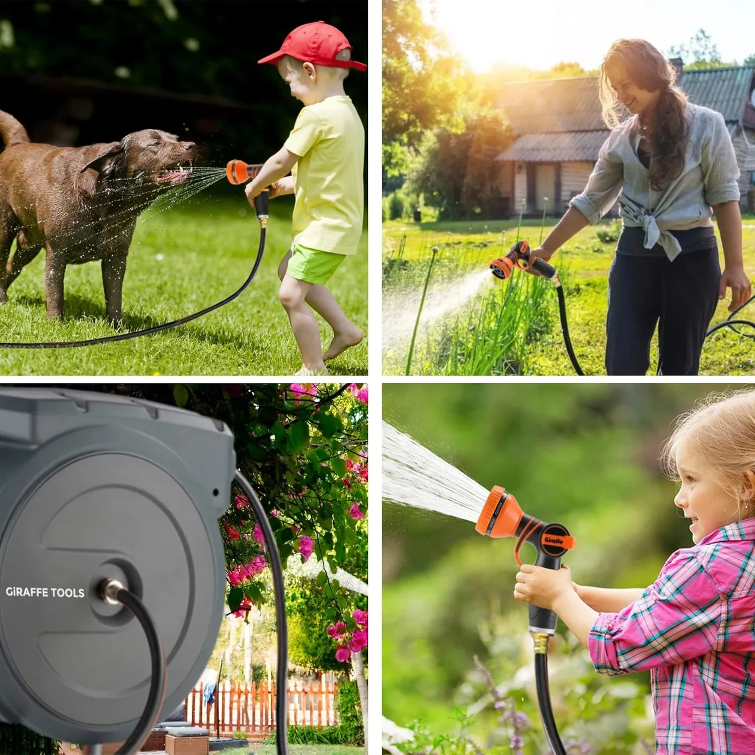 Giraffe Tools Retractable Garden Hose Reel with 1/2in-100ft Water Hose, Plastic Bracket, Wall Mounted, Dark Grey
