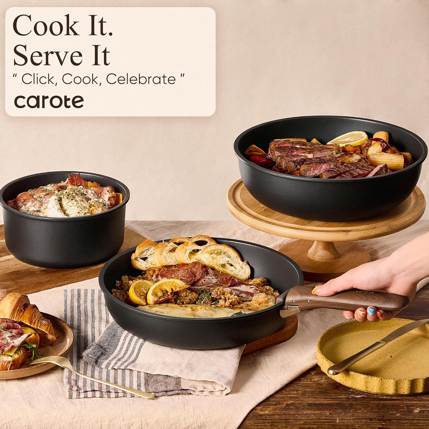 CAROTE 19pcs Pots and Pans Set Non Stick, Detachable Handle Cookware, Black