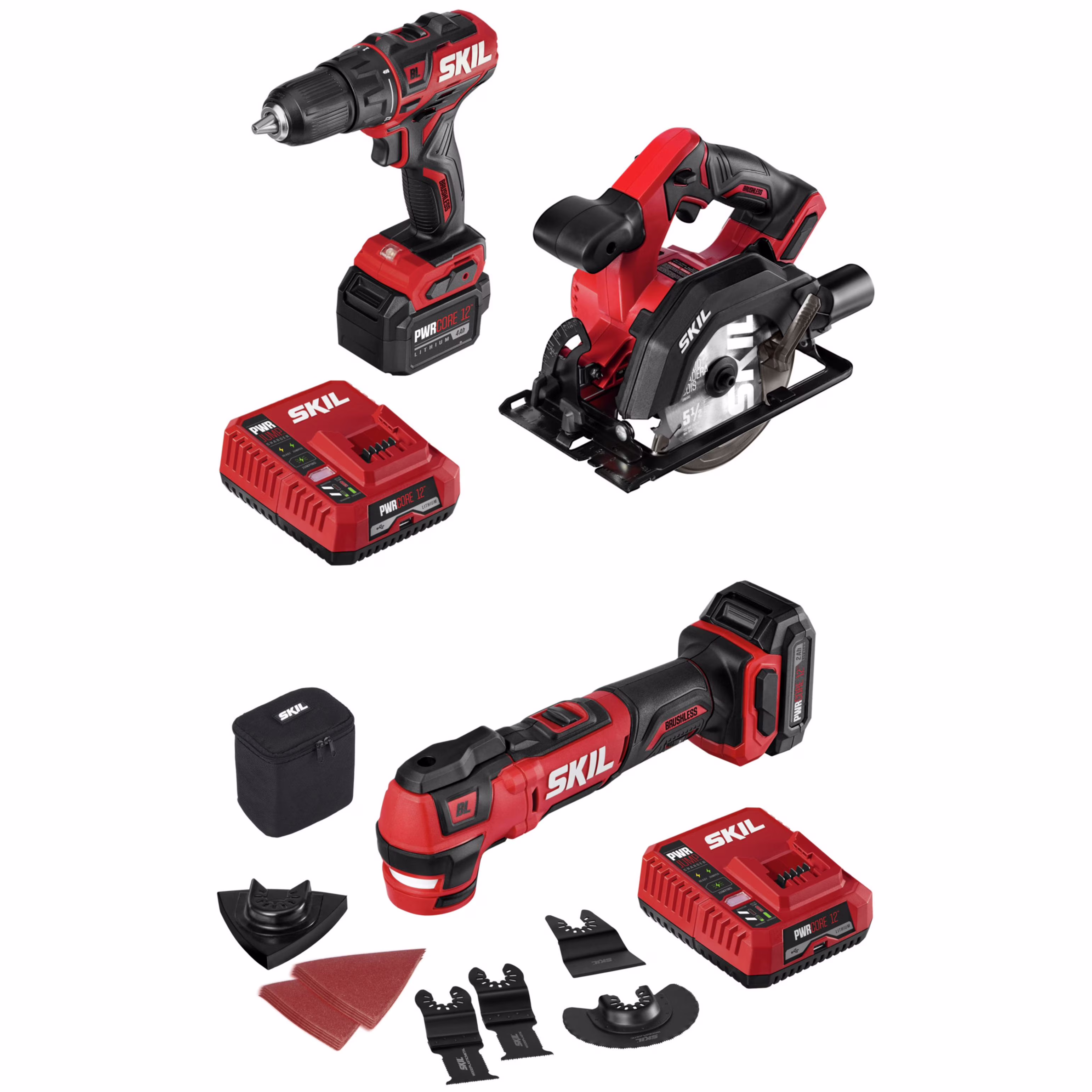 SKIL Brushless 12V Cordless Drill Driver, Circular Saw, and Oscillating Multi Tool Kit
