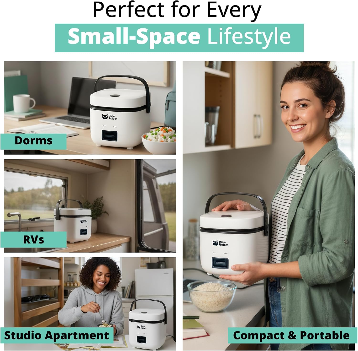 Rice Robot Personal Rice Cooker, PFAS-free, Nonstick1 Quart Capacity, with Stainless Steel Steamer Tray, Measuring Cups, Recipe Book with 60 Recipes, and Serving Spoon, As Seen On TV