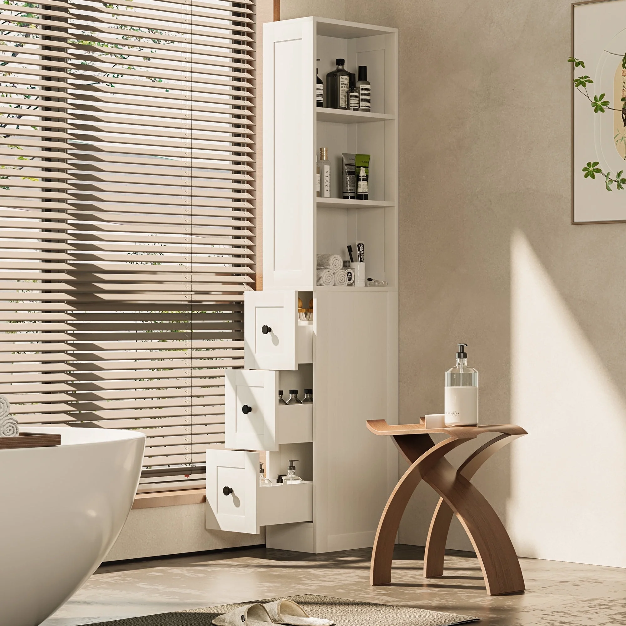 Bathroom Storage Cabinet, Tall Thin White Storage with 2 Adjustable Shelves 3-level Drawers for Home, Kitchen - Image 9