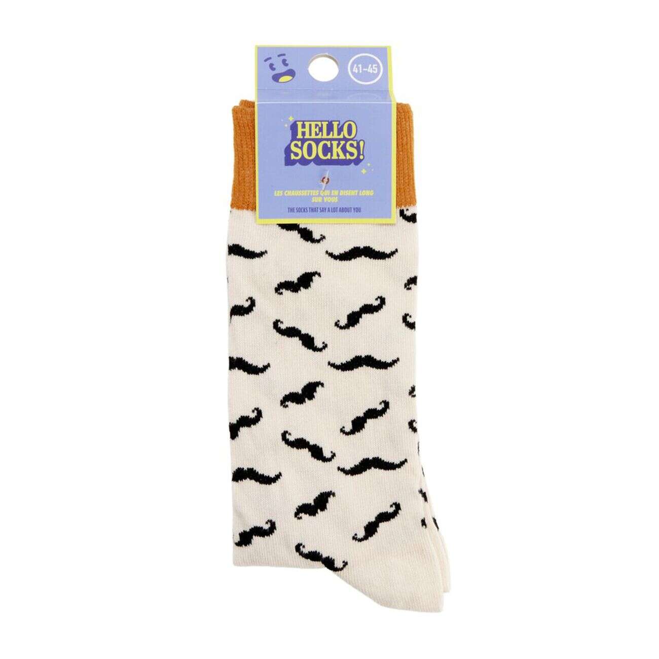 Chaussettes homme tige haute motif moustache coton blanc et orange T41/45