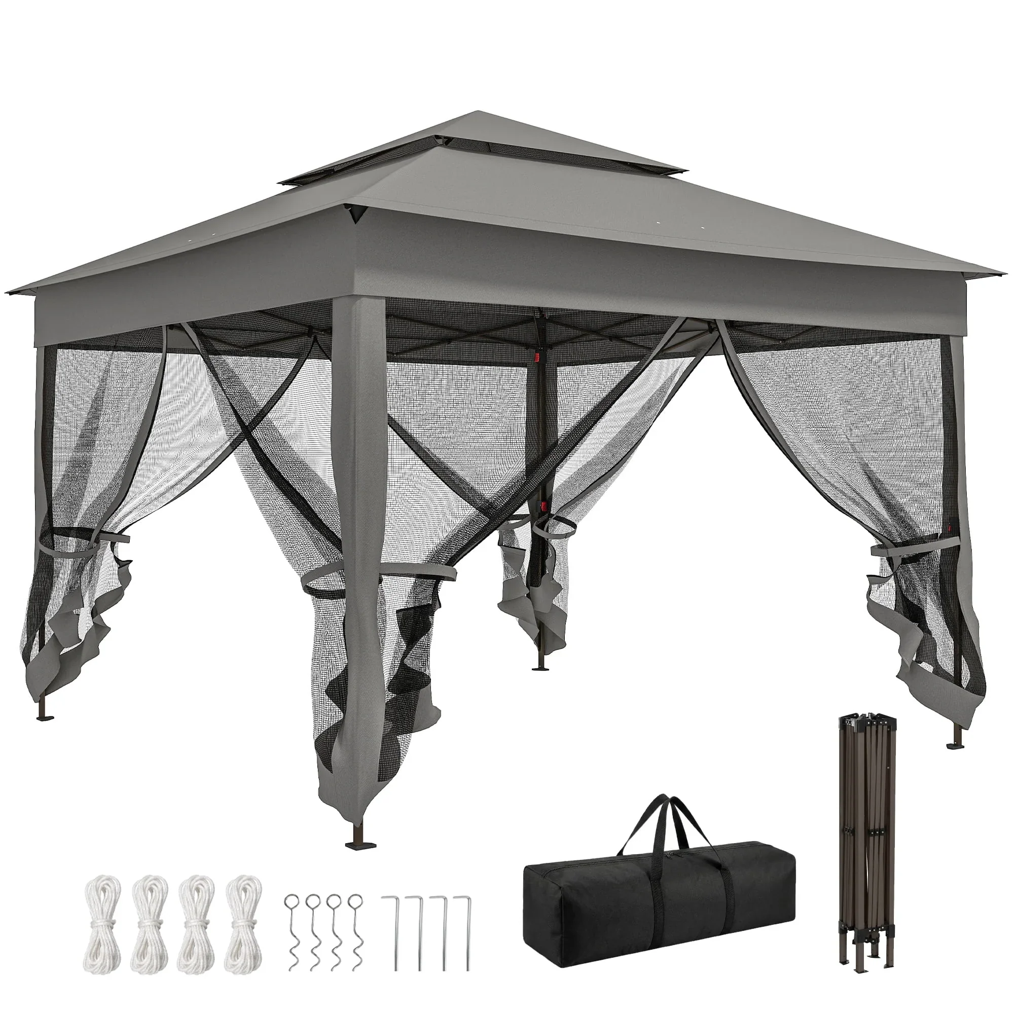 11'x11' Pop Up Gazebo 2-Tier Soft Top Gazebo w/ Mesh Netting, Dark Grey