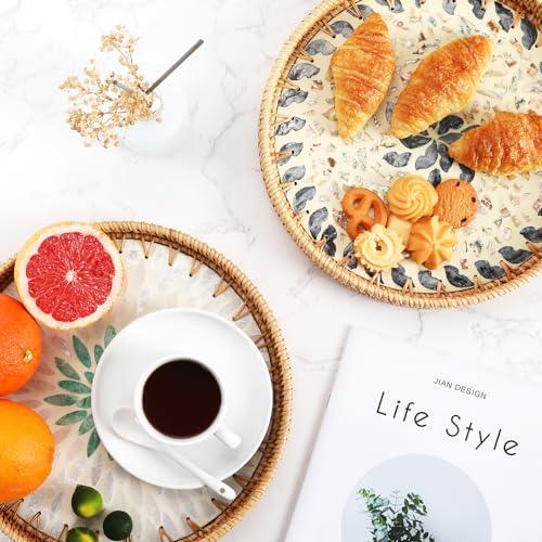 Rattan Serving Tray With Mother Of Pearl, Round Coffee Table Tray Decor, Round Wicker Tray, Boho Decorative Tray, Woven Tray (Lucky Flower, 11.8