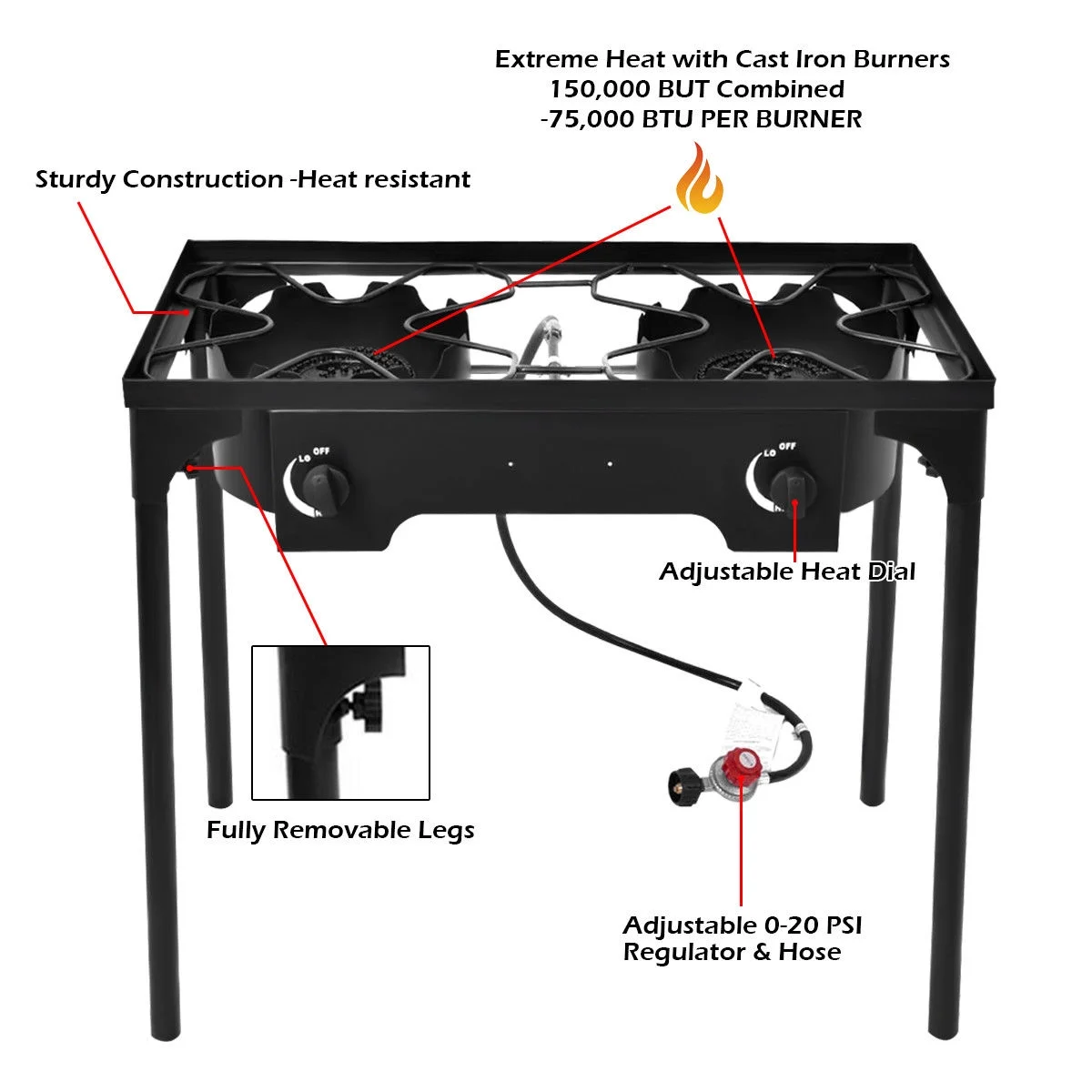 Double Burner Gas Propane Cooker Outdoor Picnic Stove Stand BBQ Grill - Image 2