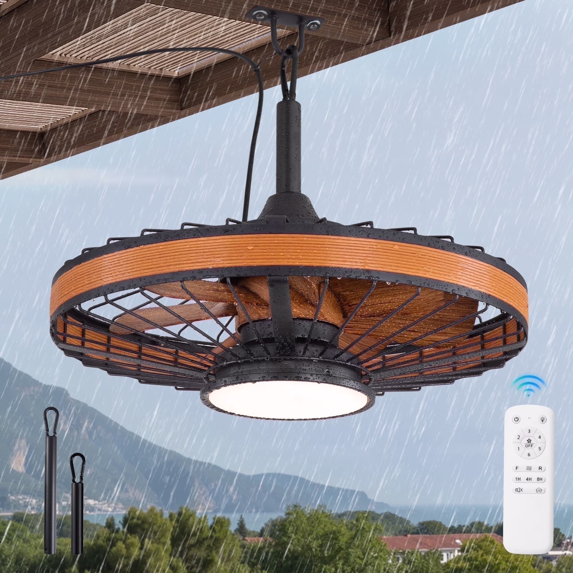 20" Outdoor Ceiling Fan with Light and Remote, 7 Blades Caged Waterproof Gazebo Fan for Patio, Porch, Pergola Canopy, App Control(Caged A)