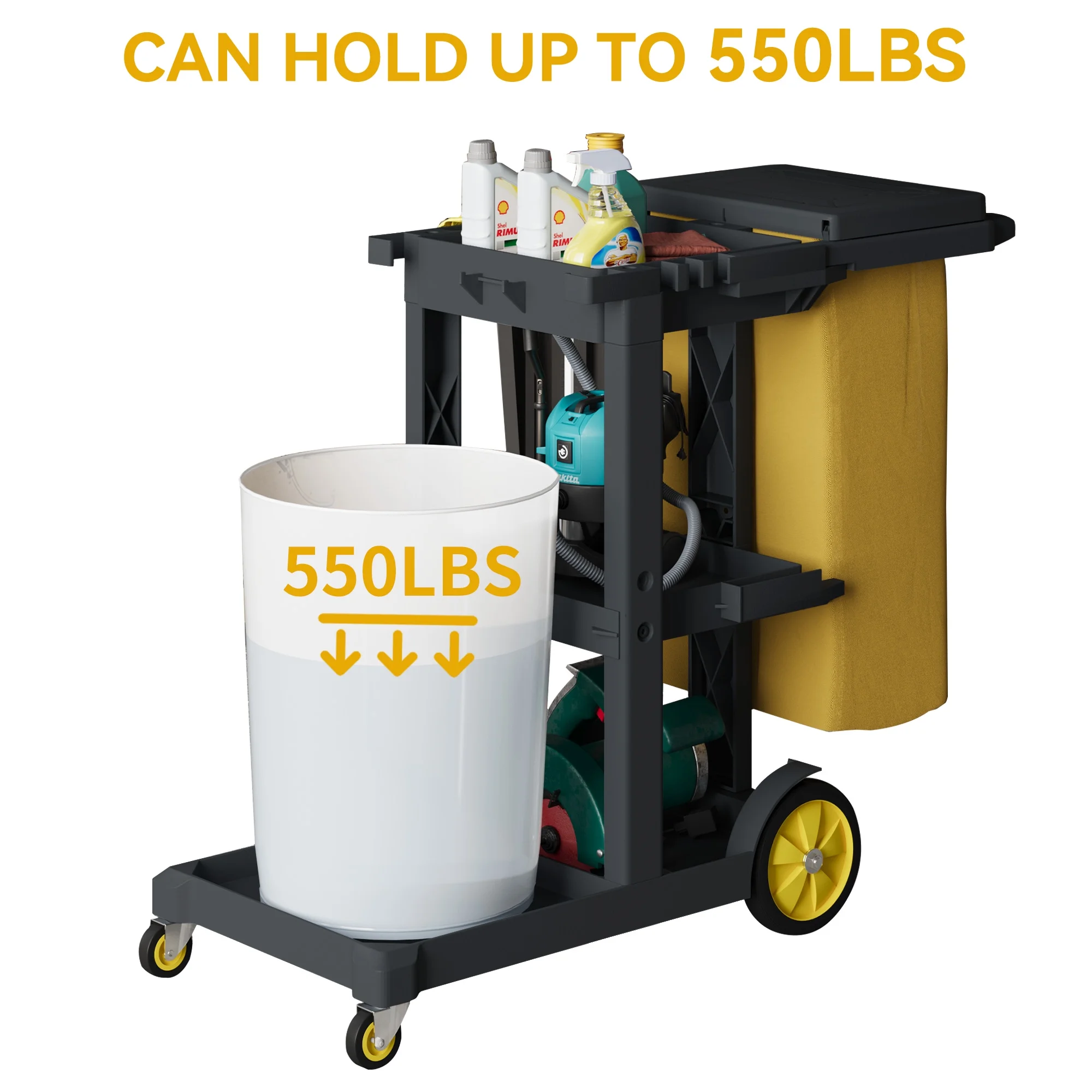 Commercial Janitorial Trolley Cleaning Cart, 25 Gallon Capacity with Cover, for Housekeeping Facility Maintenance, Black(Black) - Image 2