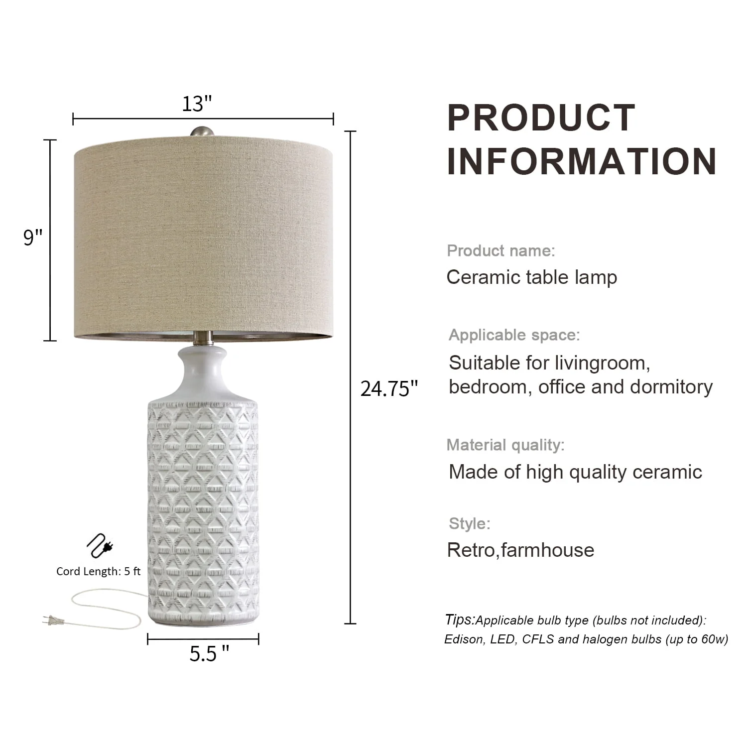 Ceramic Table Lamps for Living Room 24.75" Modern Farmhouse Bedside Nightstand Lamp Set of 2 for Bedroom - Image 6