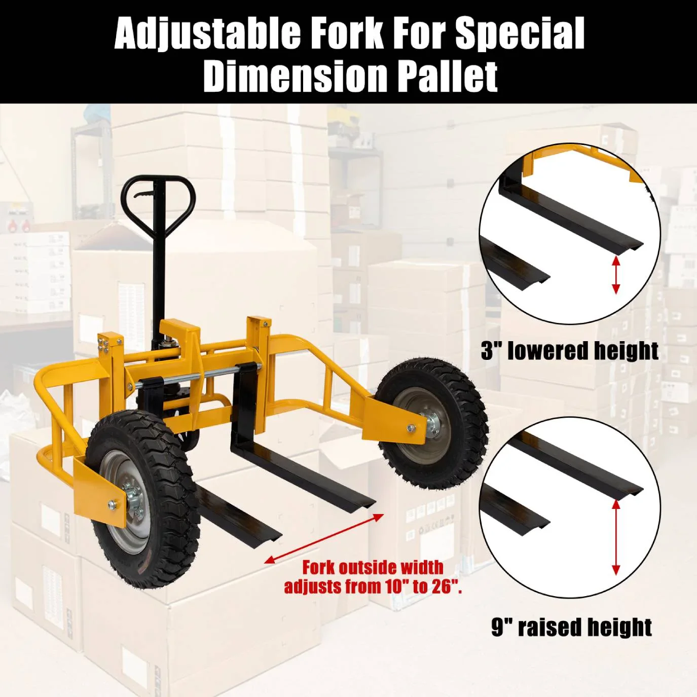 All Terrain Adjustable Manual Pallet Jack Hand Pallet Truck with Guardrail, 65.75W x 55.35D x 50.39H, 2500 lbs Cap.