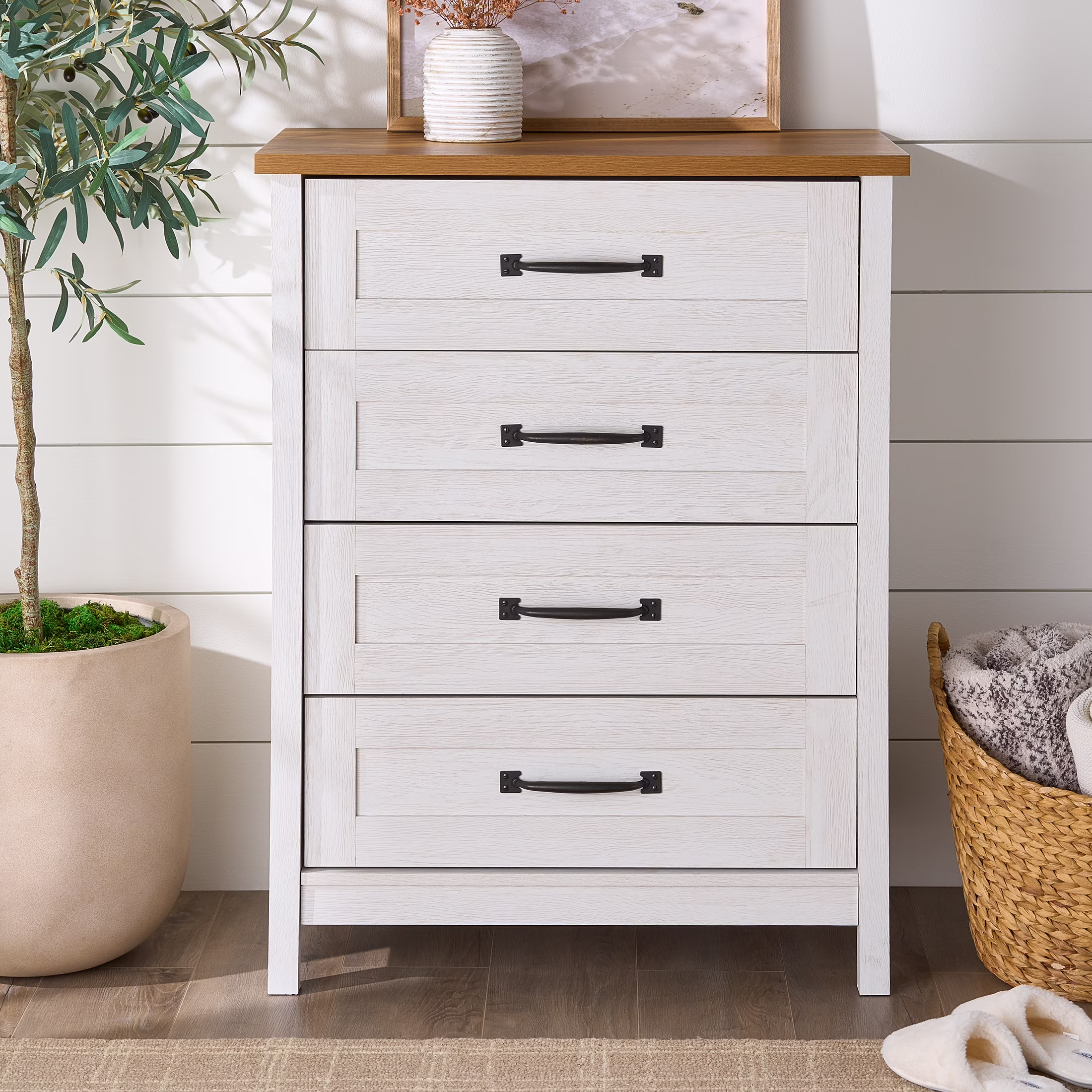 Better Homes & Gardens Modern Farmhouse 4-Drawer Dresser, Rustic White Finish
