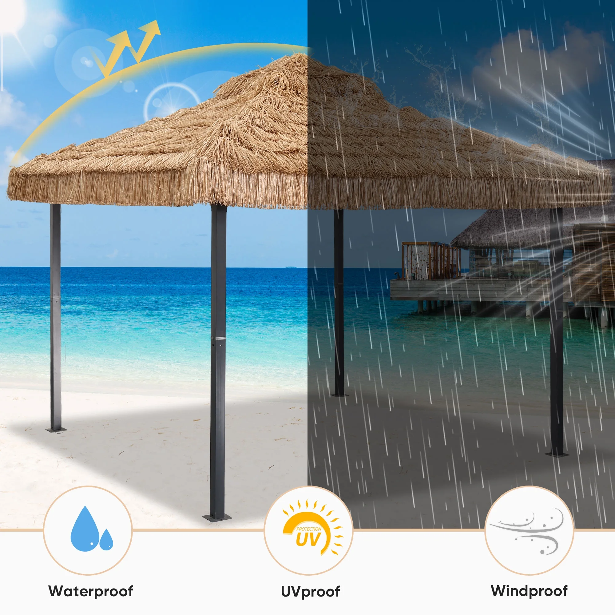 Ainfox 10x10 Thatched Tiki Pavilion Gazebo, Patio Gazebo with Straw Thatch Roofing, Hawaiian Style Steel Frame