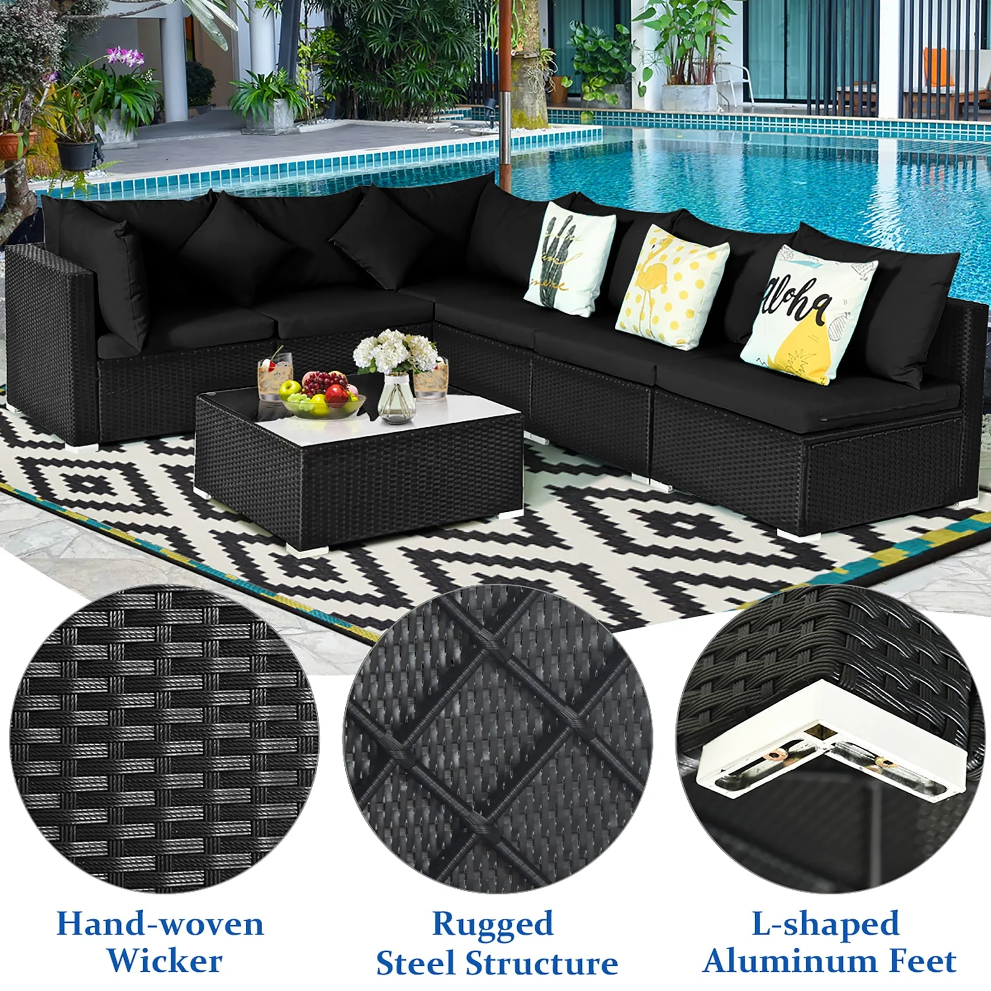 Costway 7PCS Patio Rattan Sofa Set Sectional Conversation Furniture Set Garden Black