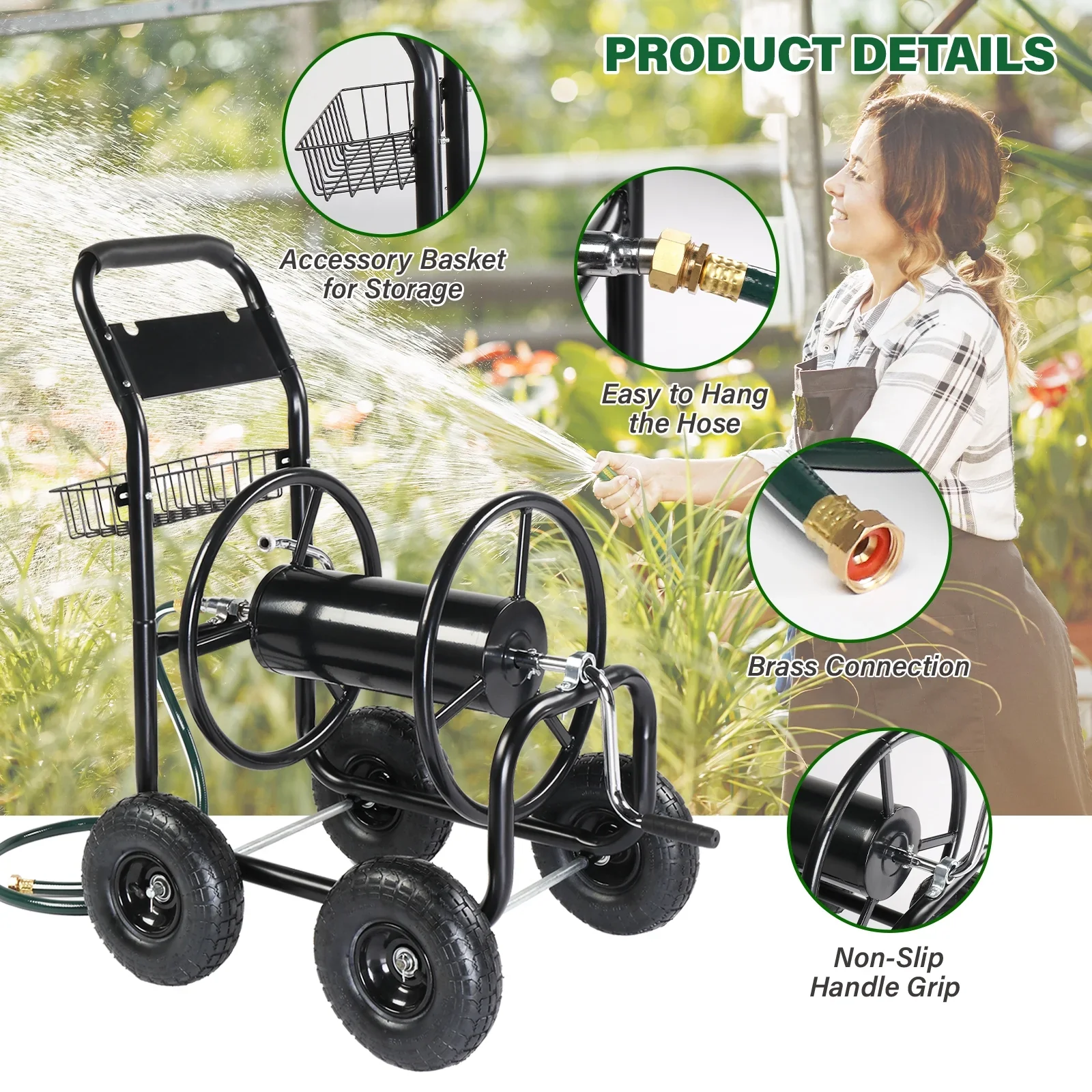 Ktaxon Garden hose cart Iron Four-Wheel Pipe Truck Dark Green