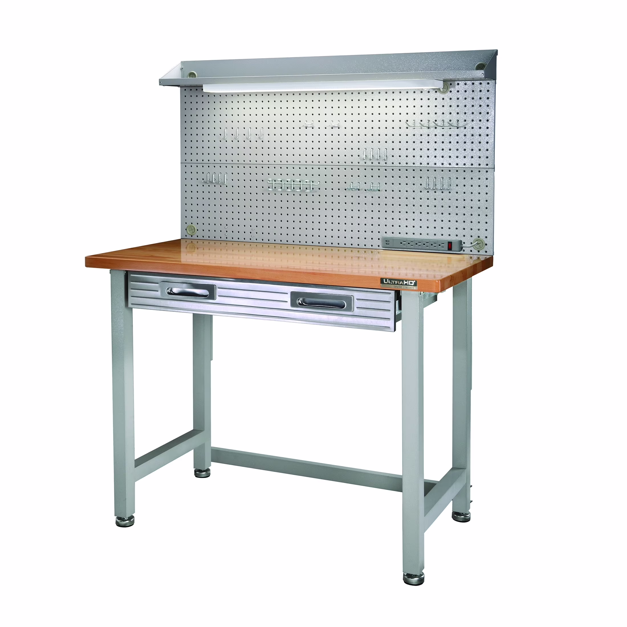 Seville Classics UltraHD? Heavy Duty Commercial Lighted Workcenter Workbench w/ Pegboard, Granite, 48 W x 24 D x 65.5 H