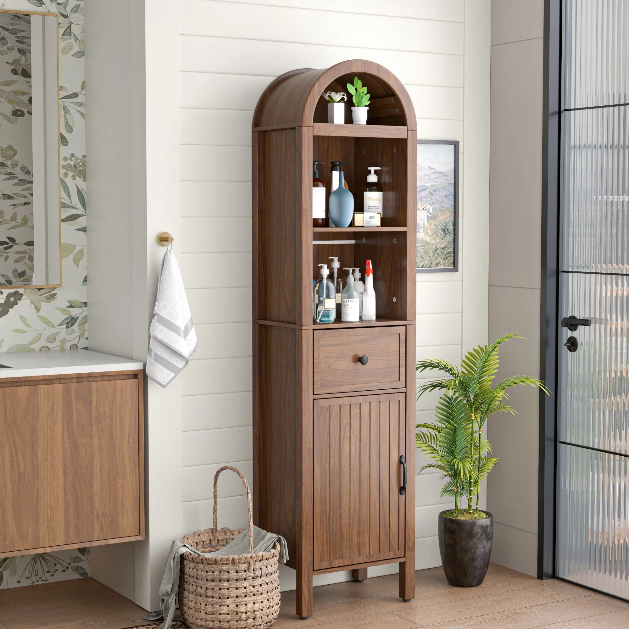 Bathroom Storage Cabinet Narrow Tall Cabinet Storage Tower with Door and Drawer(Walnut Color) - Image 5