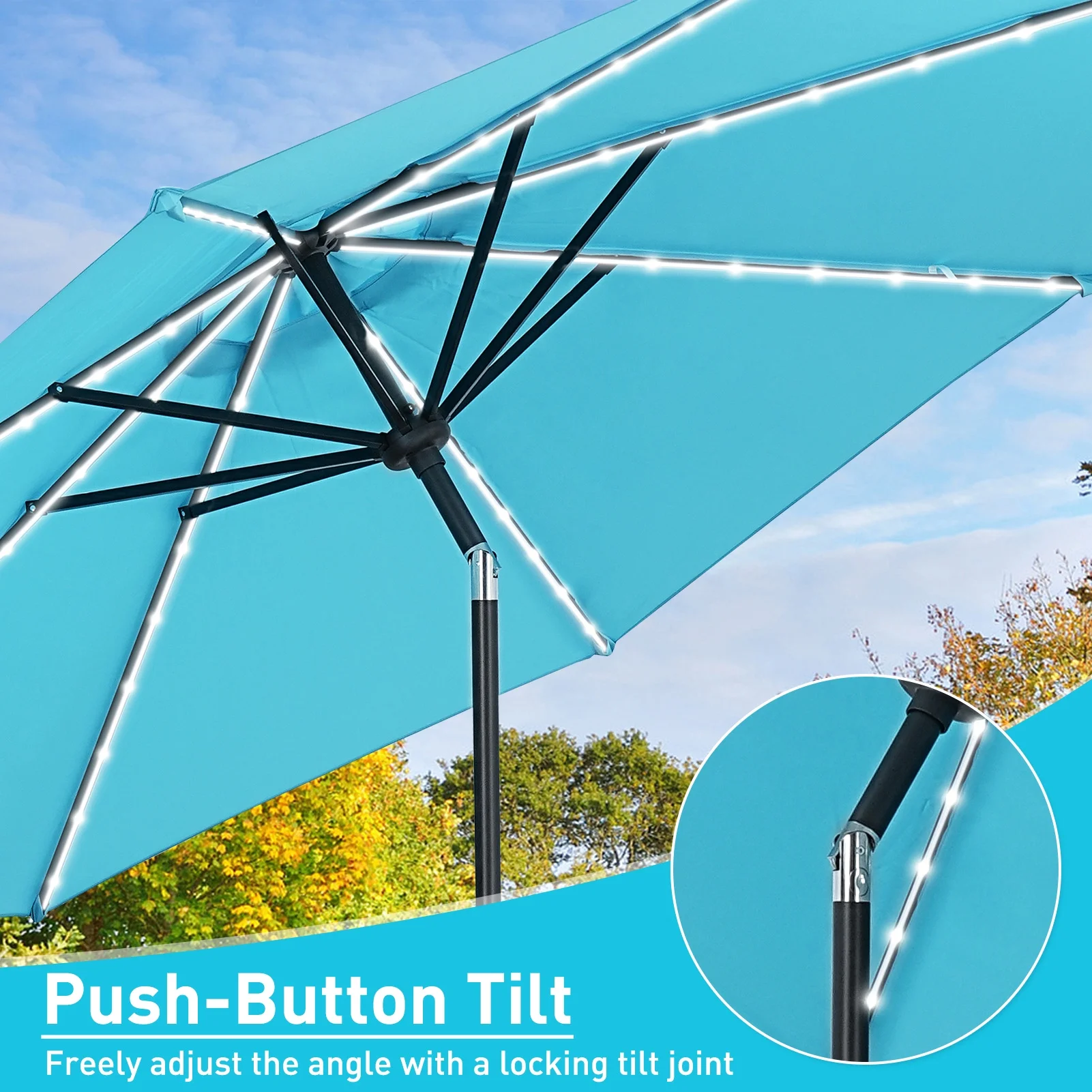 10 FT Solar LED Lighted Patio Umbrella with LED Table Umbrella with 8 LED Strip Lights, Fade-resistant Waterproof for Garden, Backyard, Poolside, Push Button Tilt (Blue)(Blue) - Image 8