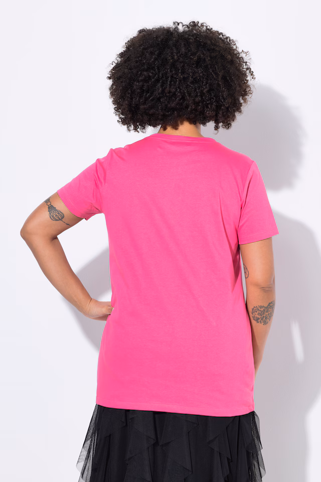 Half-sleeve rhinestone heart-eye T-shirt