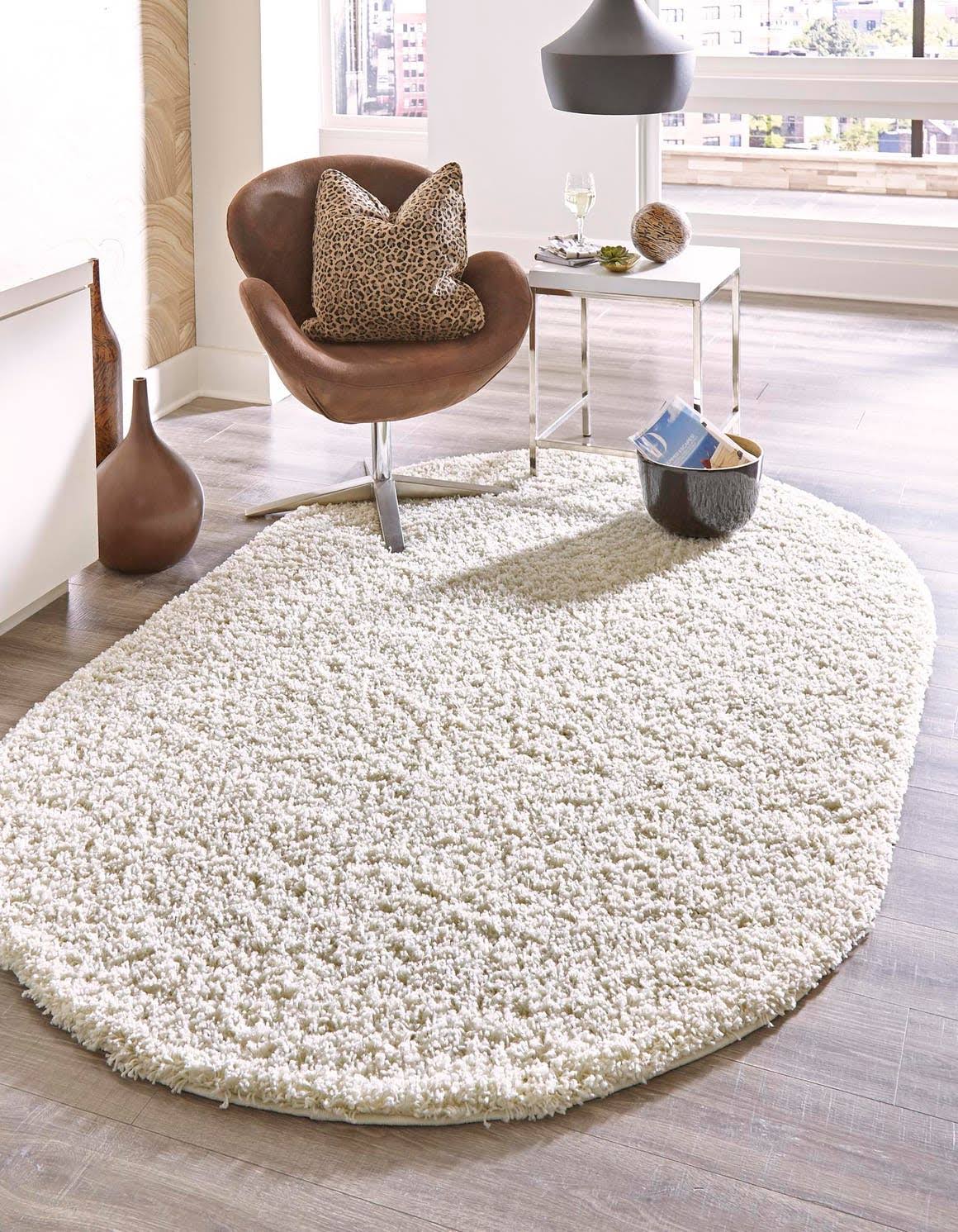 Unique Loom Solid Shag 3x5 Oval Pure Ivory Area Rug