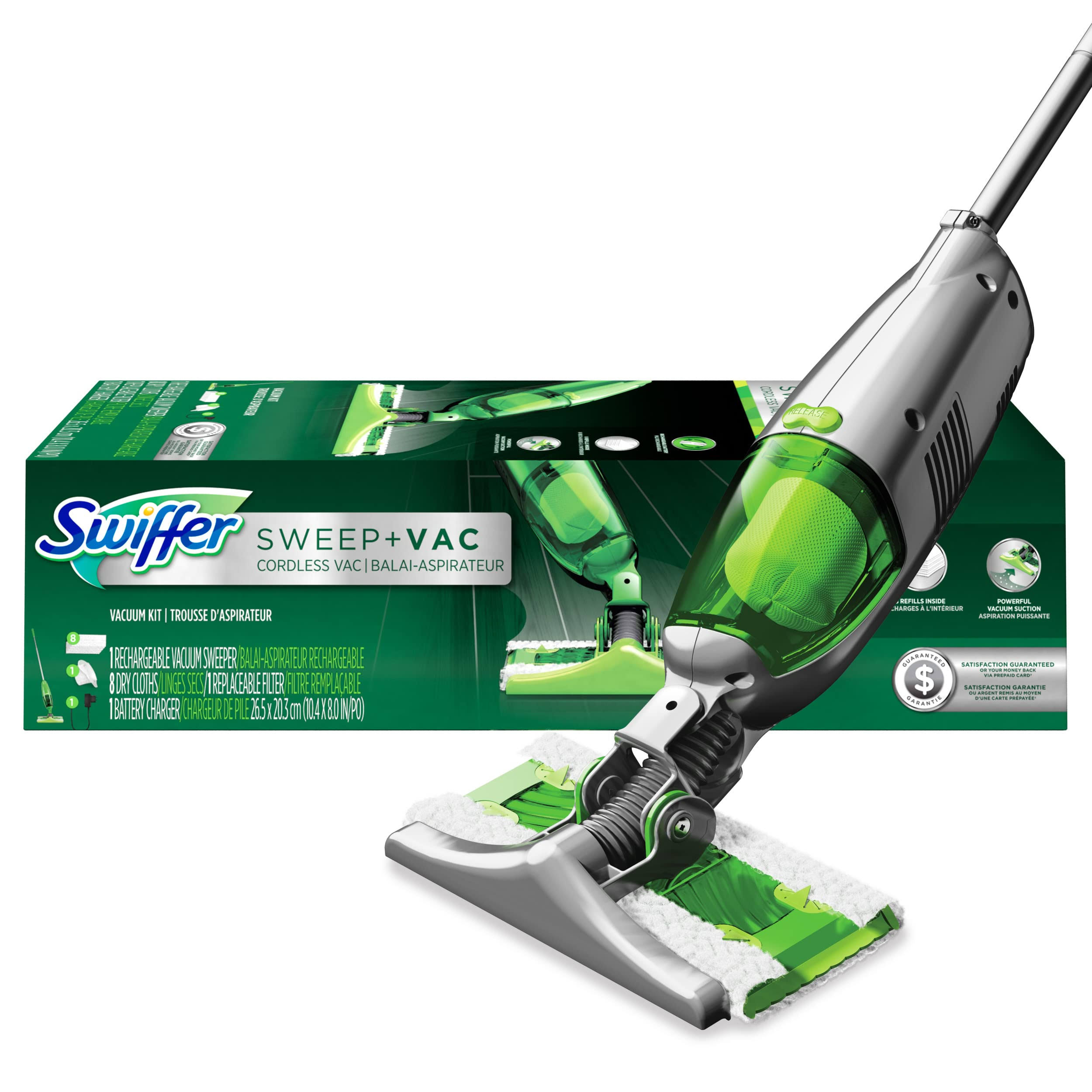 Swiffer Sweep and VAC Vacuum Cleaner for Floor Cleaning, 11 Piece Set Includes: 1 Rechargeable Vacuum Sweep, 8 Dry Cloths, 1 Battery Charger and 1
