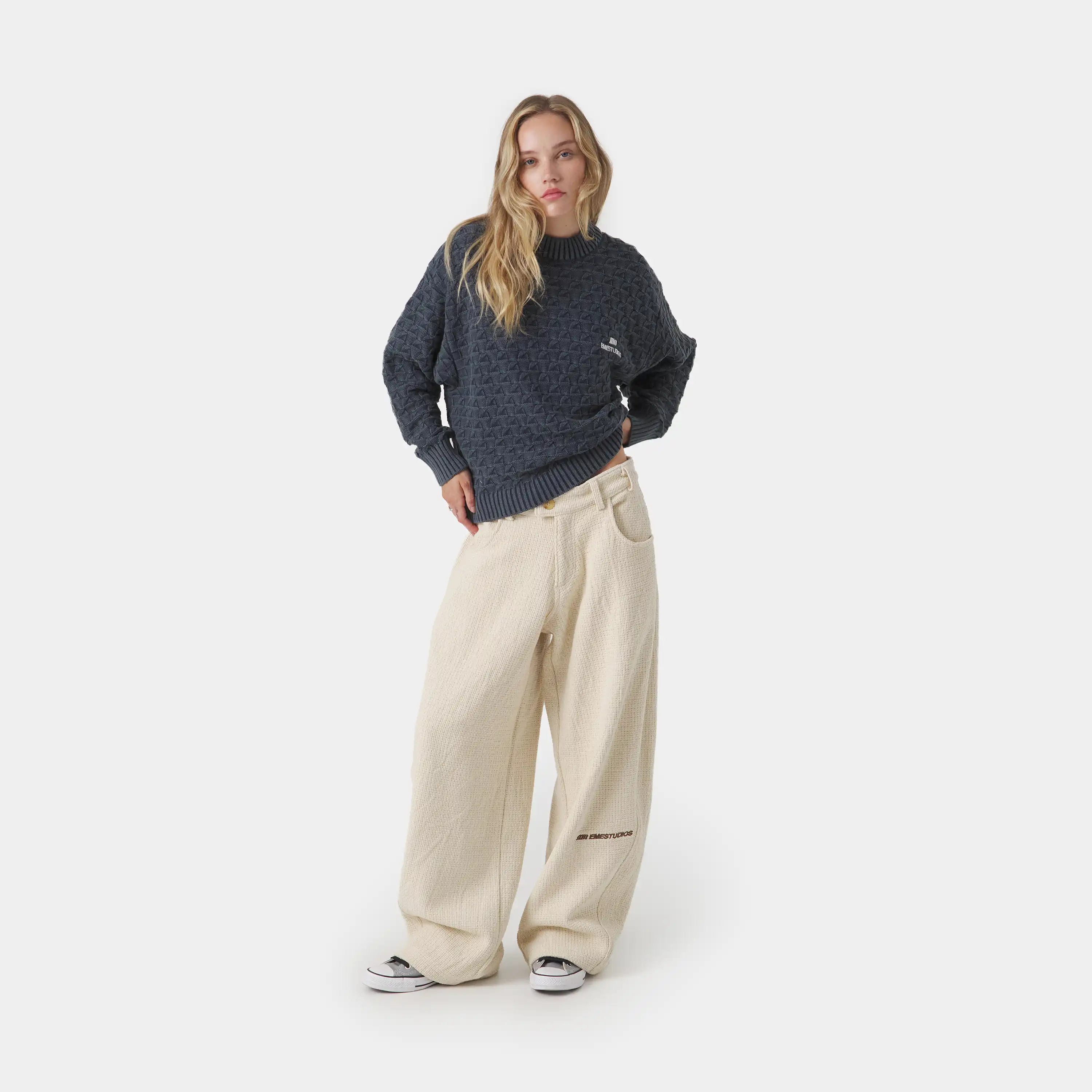 Grid Navy Cable Knit Sweater