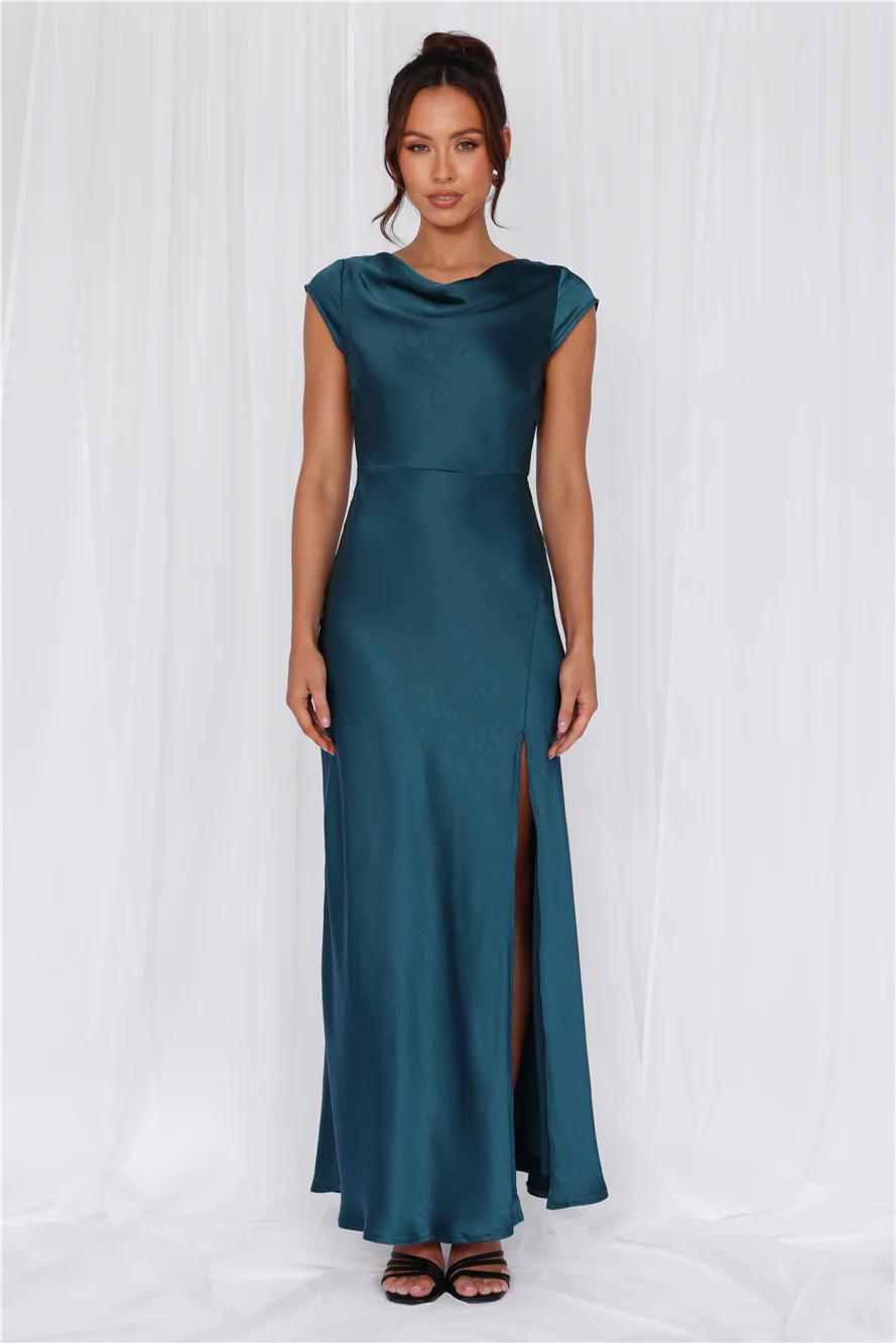 HELLO MOLLY The Valentina Cap Sleeve Satin Maxi Dress Teal