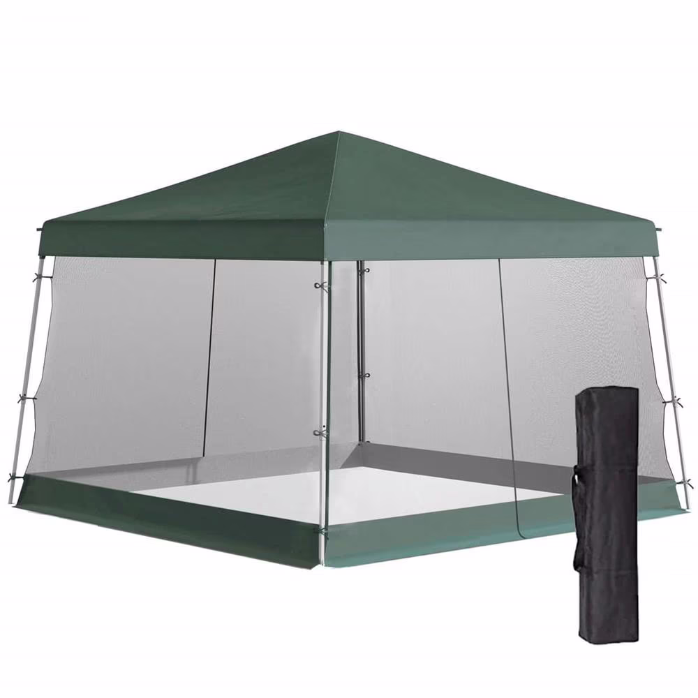 GVN Backyard Garden Canopy, Camping Canopy Screen Tent,Slant Leg Pop Up Canopy Tent with Netting and Carry Bag, Instant Sun Shelter, (11.5'x11.5' Base / 10'x10' Top), Green