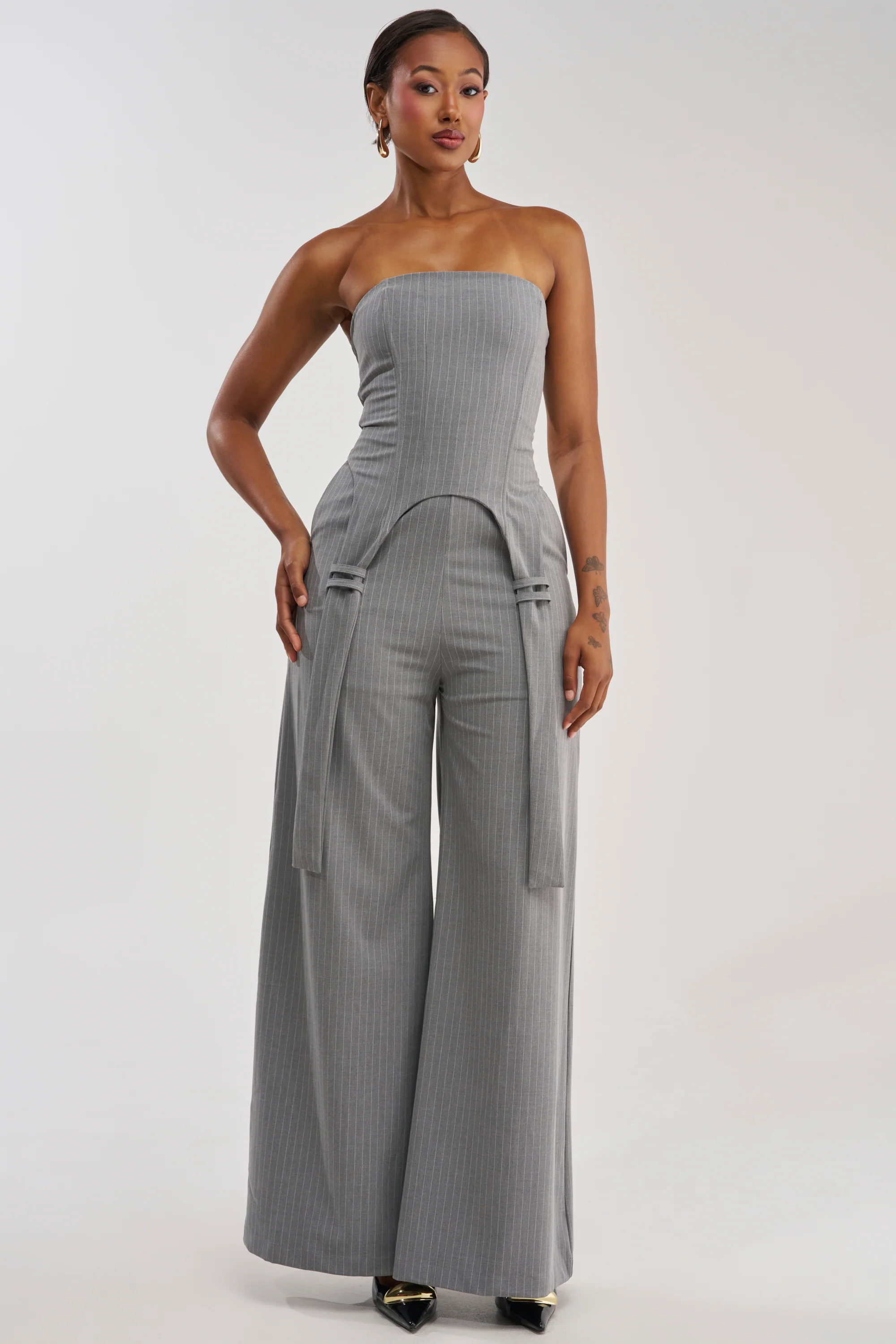 WATCH AND LEARN STRAPLESS PINSTRIPE JUMPSUIT - Akira Store