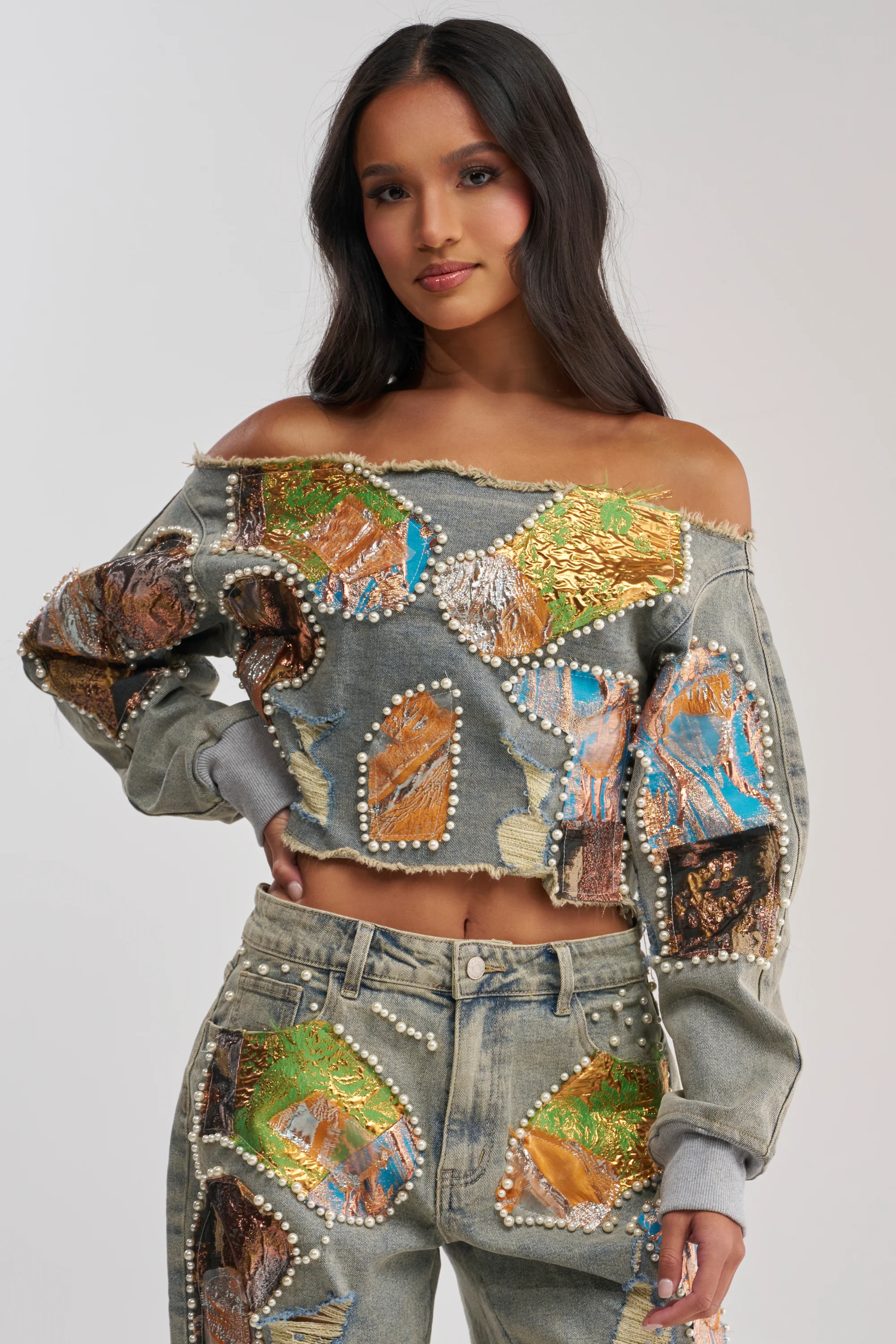 PATCHED UP BROCADE DENIM SWEATSHIRT - Akira Store