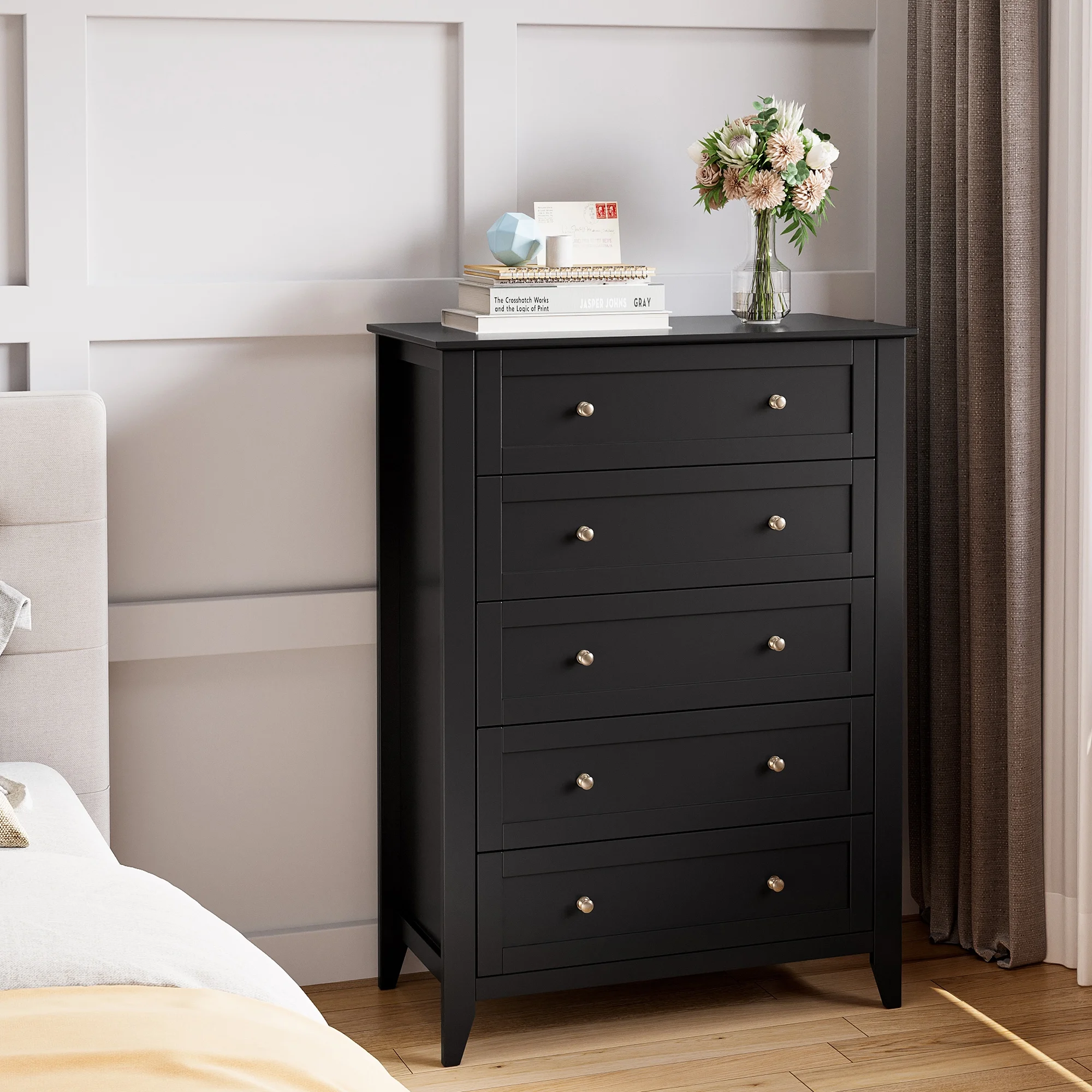 Dresser for Bedroom Black with 5 Drawers, Tall Wood Organizer Storage Cabinet with Round Handle, Drawer Dresser for Closet, Living Room, Hallway, Nursery, Kids Bedroom(5-Drawer Chest/Black) - Image 6