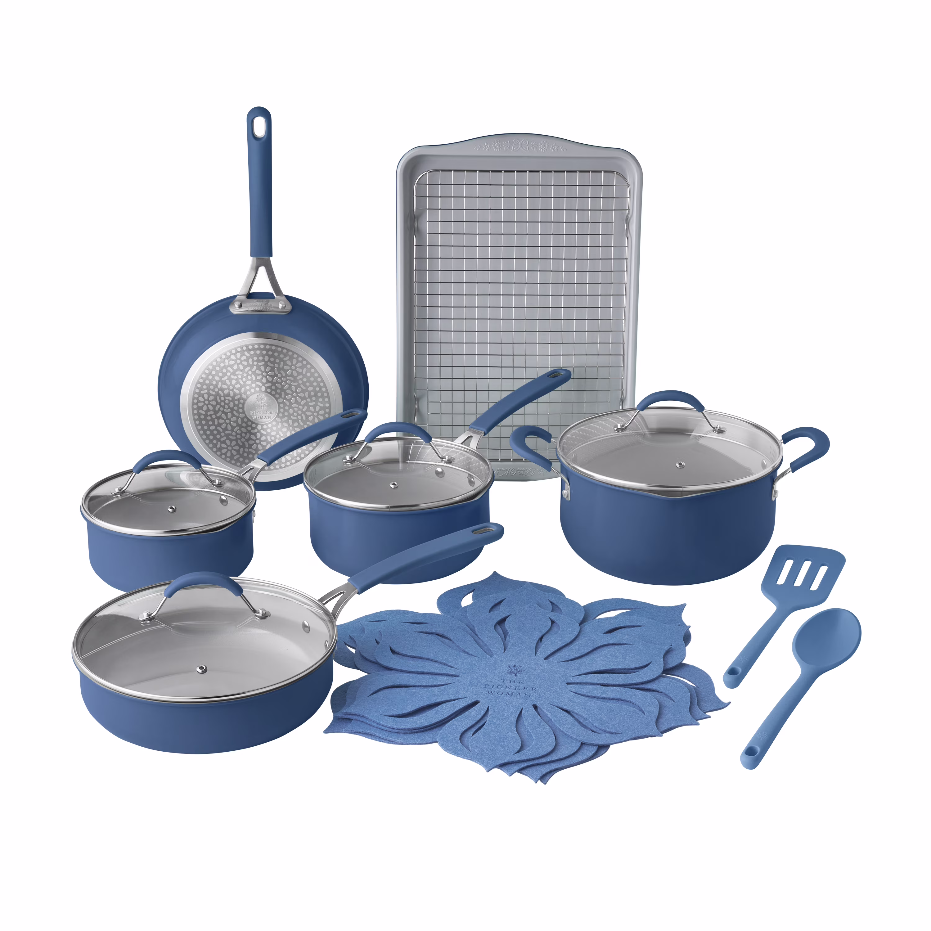 17-Piece Ceramic Cookware Set with Strainer Lids and Cookie Sheet with Rack, Blue(Blue)
