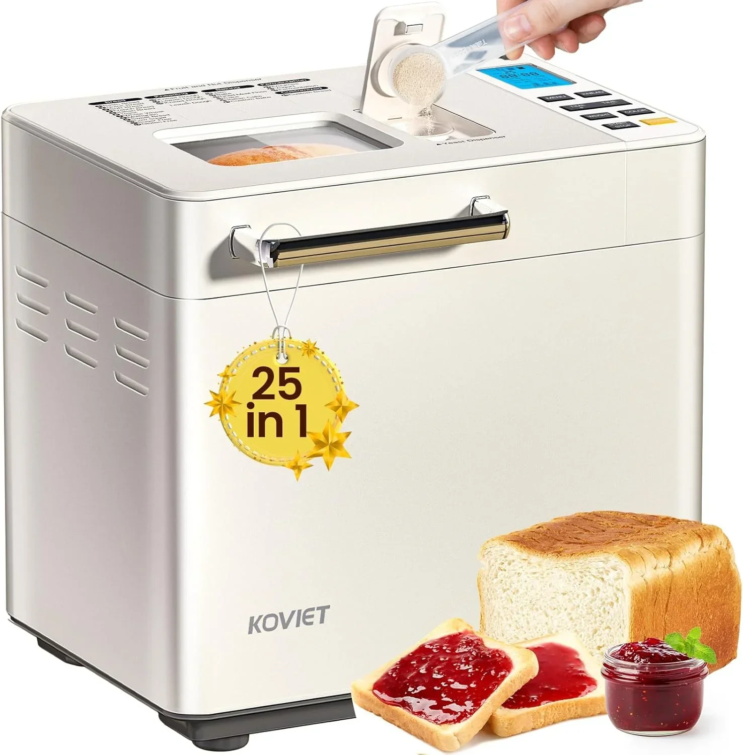 Machine à pain 25 en 1 avec double distributeur automatique, capacité 900 g, en acier inoxydable.
