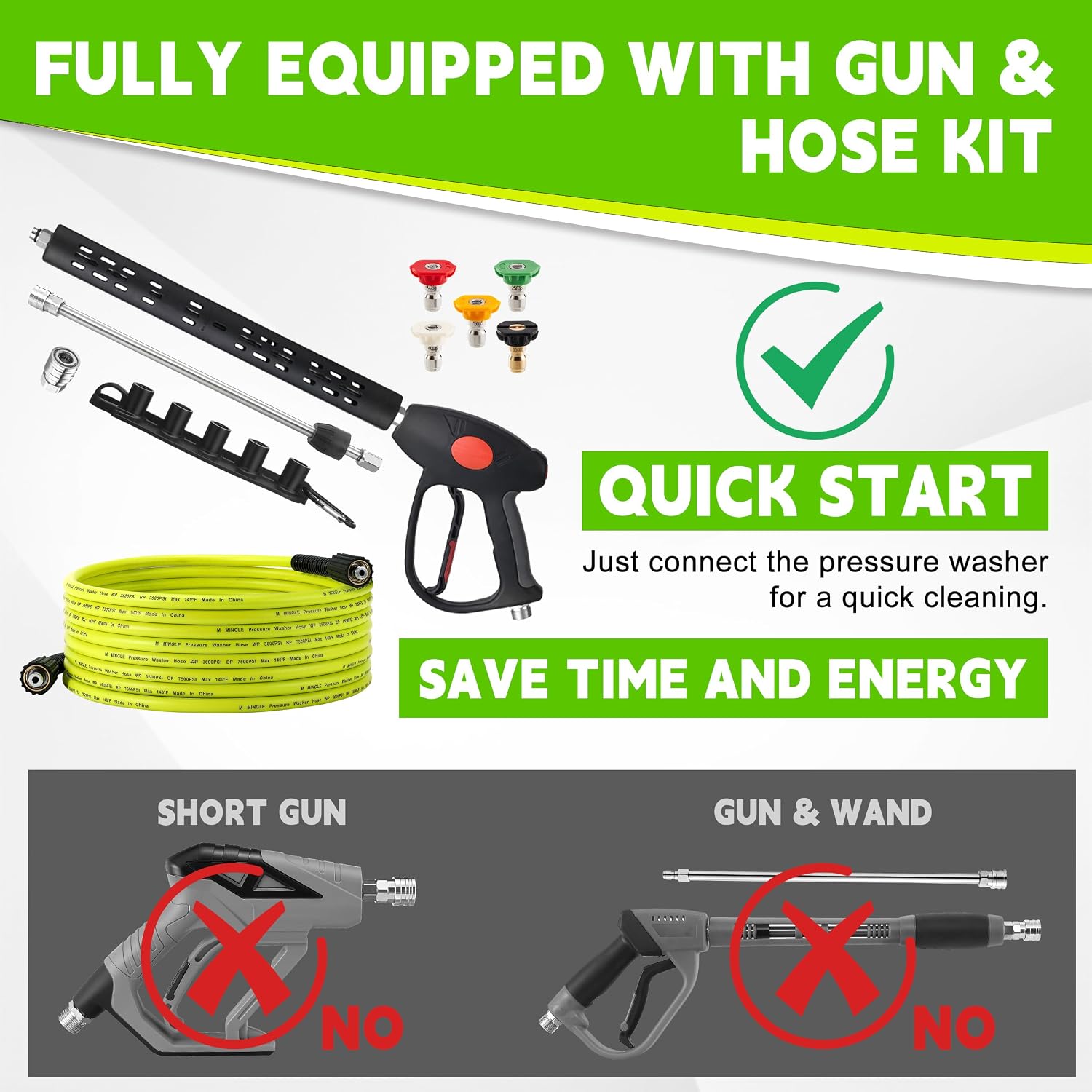 M MINGLE Pressure Washer Hose and Gun Kit, 25FT Power Wash Hose with 5 Tips