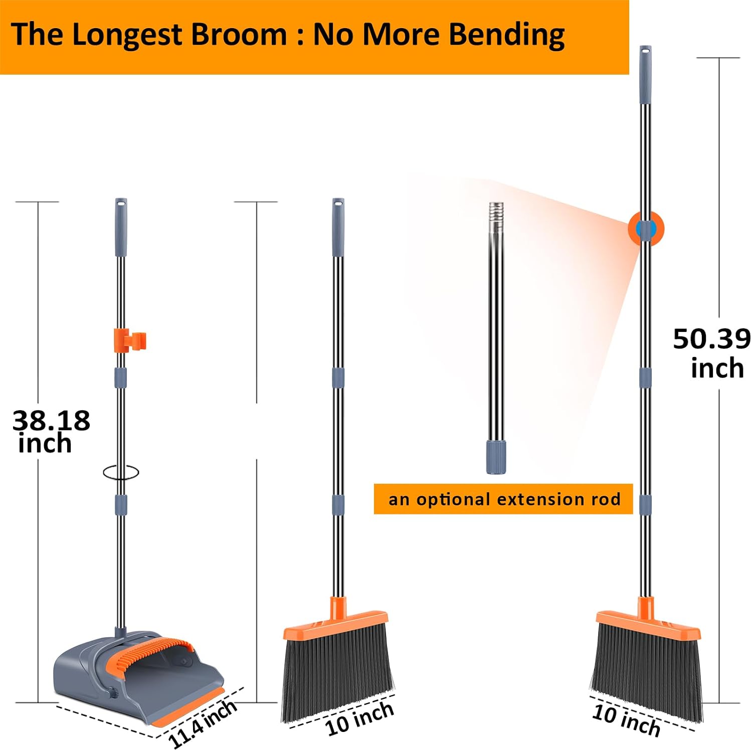 Upgraded Broom and Dustpan Set, Self-Cleaning with Dustpan Teeth, Indoor & Outdoor Sweeping, Ideal for Dog Cat Pets Home Use, Standing Broom and Dustpan (Gray&Orange)