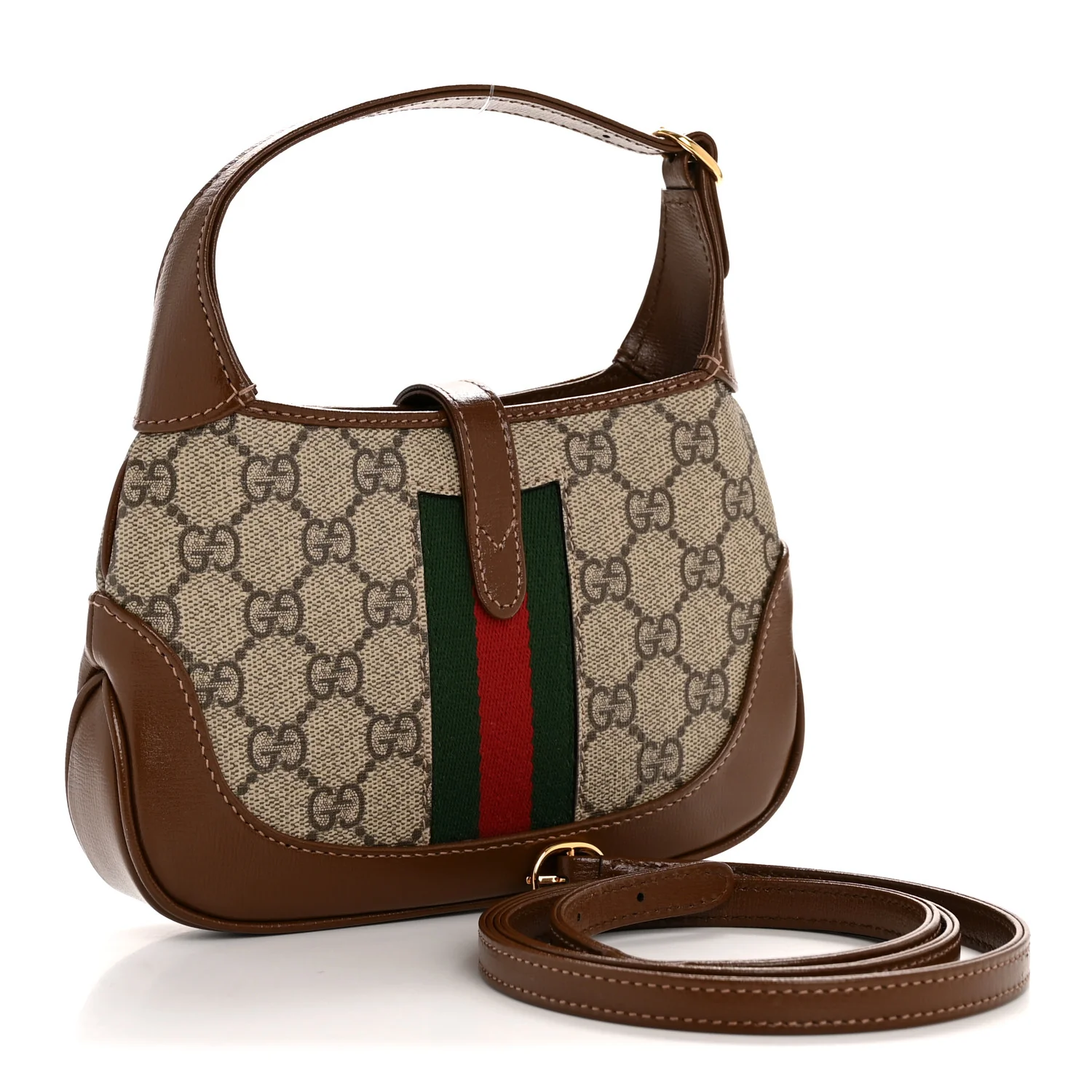 GG Supreme Monogram Azalea Calfskin Web Mini Jackie 1961 Hobo Beige Ebony Brown Sugar