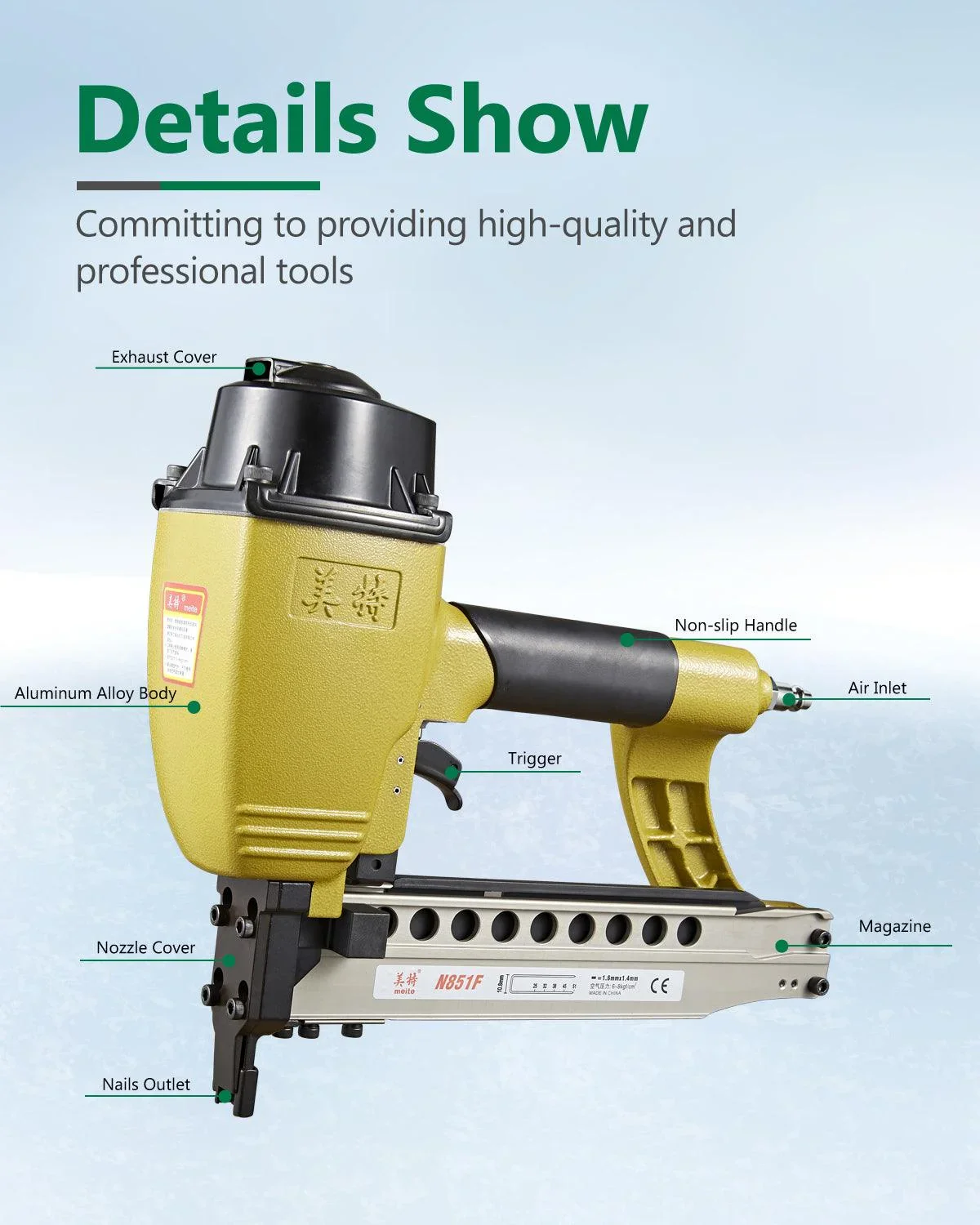 meite N851F Pneumatic Staple Gun 16 Gauge 7/16 Crown Sequential Nailing, Uses 16 GA 7/16-Inch Staples (1-Inch to 2-Inch)