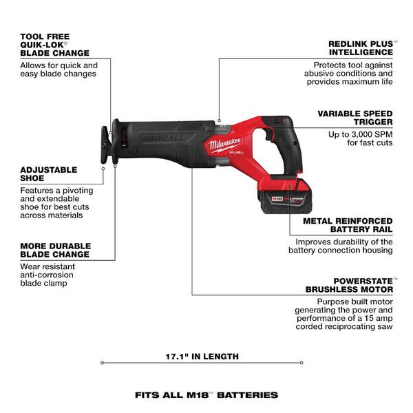 M18 FUEL 18V Lithium Ion Brushless Cordless SAWZALL Reciprocating Saw Kit W/6 0Ah Battery Image 3