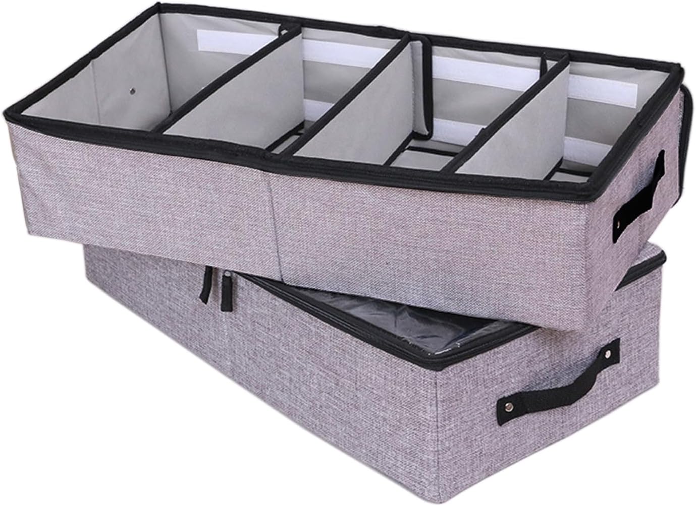 AARAINBOW Foldable Under Bed Clothes Organizer with Lid, Fabric Underbed Storage Container with Adjustable Dividers, Long Underbed Storage Bins with Handles, Clear Shoe Storage Under Bed (2 Gray)